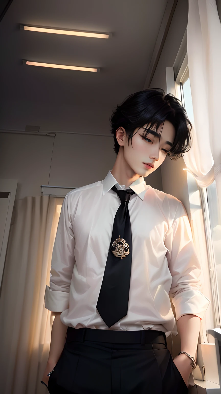 arafed man in a white shirt and black tie standing by a window, cai xukun, jung jaehyun, hyung tae, jinyoung shin, inspired by Bian Shoumin, inspired by jeonseok lee, jk uniform, captured on canon eos r 6, official fanart, male ulzzang, delicate androgynous prince, shinji, sha xi, photoshot