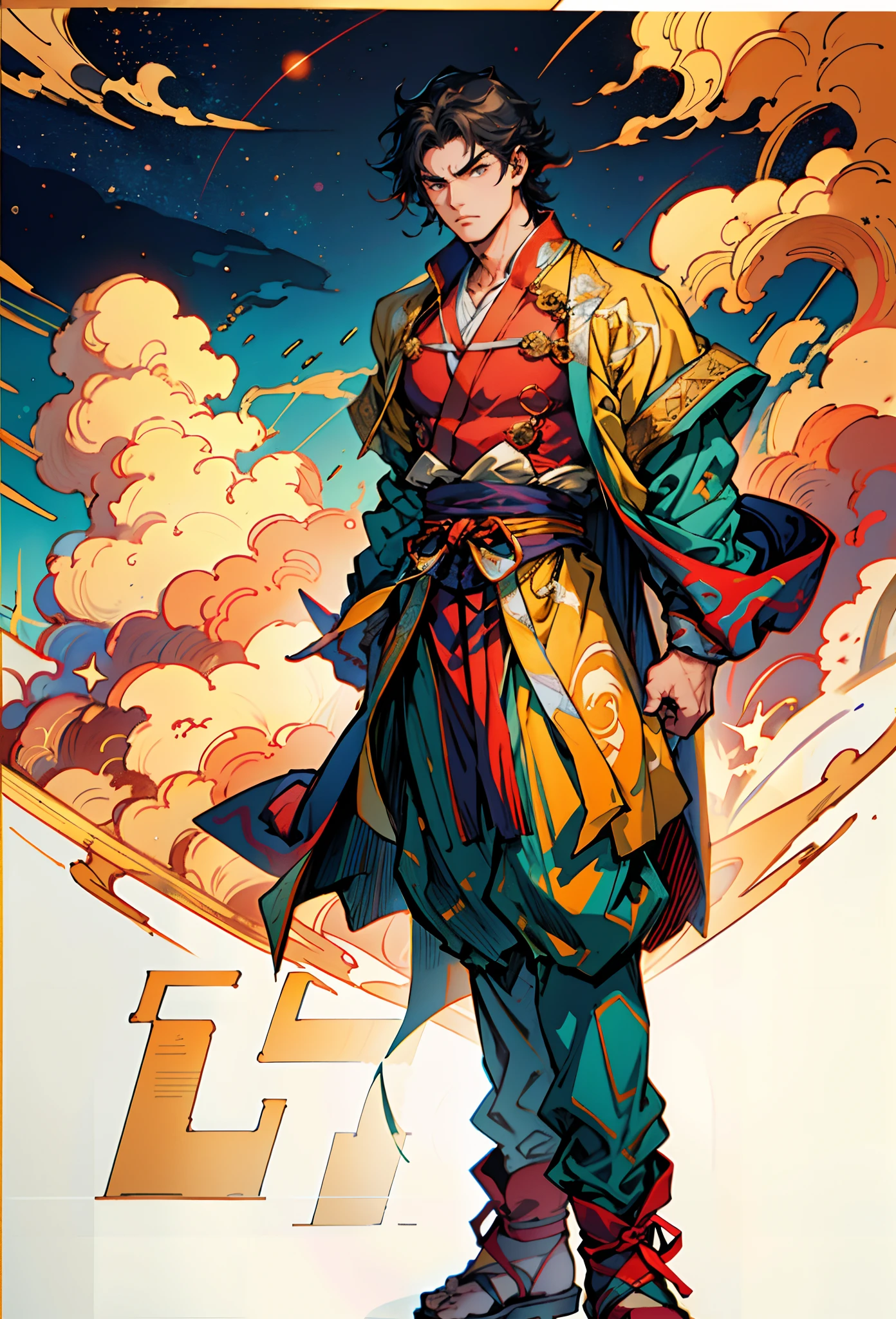 A young man with short aquamarine hair, sharp eyebrows, starry eyes, radiating a righteous aura, a two-piece fantasy wuxia-style outfit, featuring a traditional Chinese martial arts long gown, a wide overcoat, flowing sleeves, the color scheme is mainly red and white, with yellow as secondary colors, matching trousers, sturdy cloth boots, the background depicts a dreamy pattern of geometric symbols and stars, this character embodies a finely crafted fantasy-style Chinese martial hero in anime style, characterized by an exquisite and mature manga illustration art style, full body character drawing, high definition, best quality, highres, ultra-detailed, ultra-fine painting, extremely delicate, professional, anatomically correct, symmetrical face, extremely detailed eyes and face, high quality eyes, creativity, RAW photo, UHD, 8k, Natural light, cinematic lighting, masterpiece:1.5