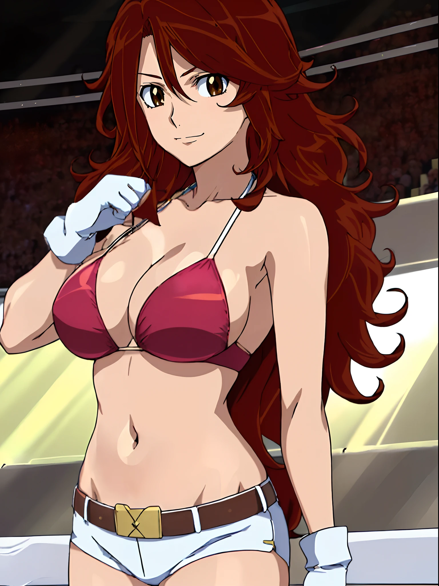 Best Quality, hires, curvy midsection, solo, 1 girl, strong woman, female wrestler, smile, happy), (detailed titration screen, upper body only, anime style: 1.8, anime drawing, ultra detailed face, ultra detailed body, 4k, Sumergai Lee Noriega, (standing), best quality, anime style, hires, highest definition, digital blending, bold drawing lines, ((wwe diva), ((location: wrestling arena, crowds watching)), ( pro female wrestler, long attractive belly, slim body, (strong arm muscles), broad shoulders , off-shoulders, closed fists, (very curvy: 2.8)), ((elegant red bikini , shorts, white gloves, collar, arm band, (champion belt))), (pale skin, big breasts, closed mouth), (big eyes, brown eyes, shiny eyes), (), (reddish hair, loose hair, curly hair, wavy hair, long hair, missy hair), 27 years old