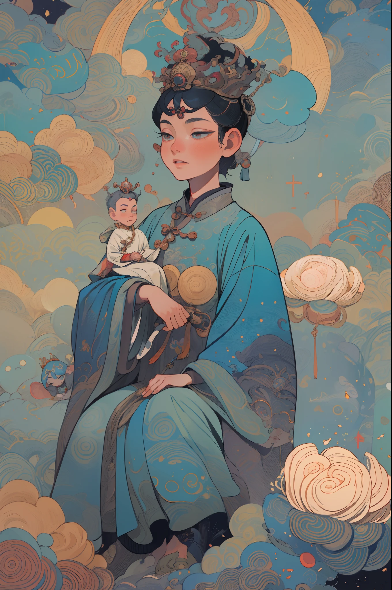 The beautiful -yeld chse Queen holds a little Emperor wearing shavings in her arms, Straight eyes, radiating a brilliant aura, Rosary handle: 1.5),  Crown Team, (Systemic: 2.0), full body: 2.0, glowing cloak, Moon pedal foot