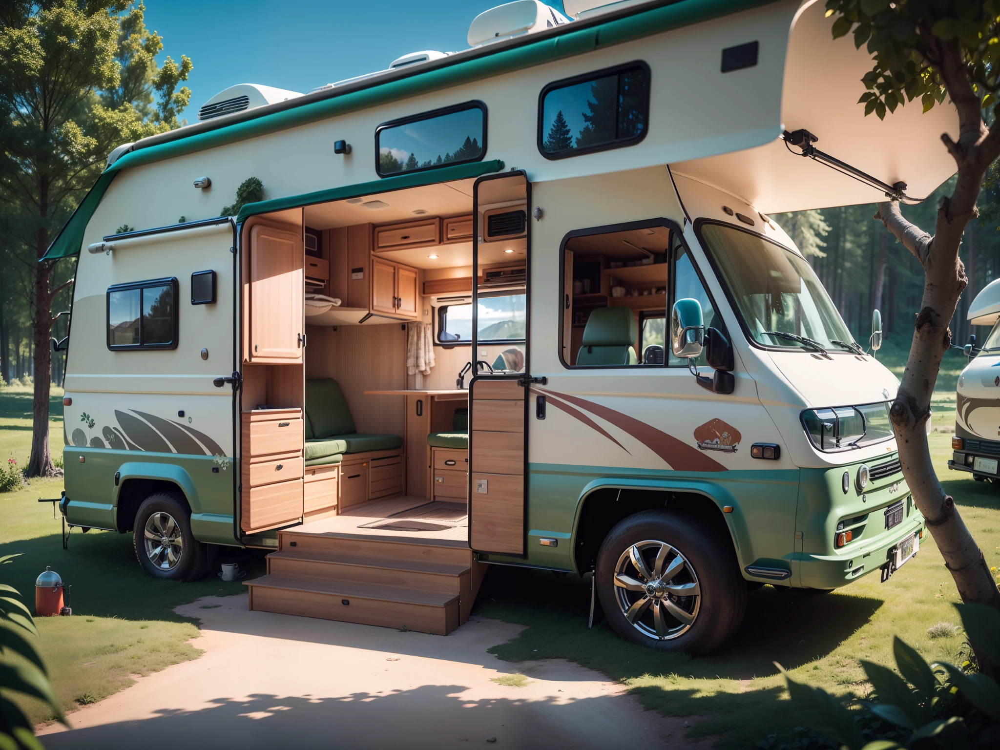 (Best quality,4K,8K,A high resolution,Masterpiece:1.2),Ultra-detailed,(Dream motorhome,Campervan:1.37),Vivid colors,concept-art, Dreamlike, cozily, camping, Fantasy myth ruins background, voluminetric lighting, Global illumination, .Background forest