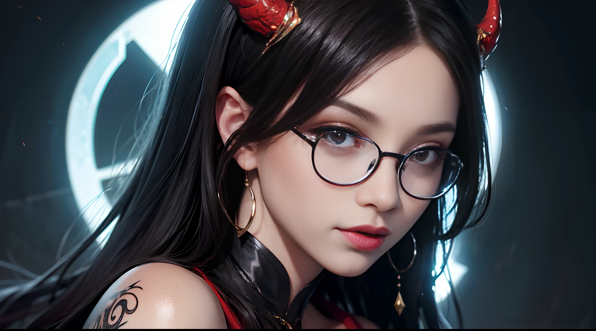 Wearing glasses、there is a woman in a corset posing for a picture, goddess of Japan, seductive tifa lockhart portrait, an oppai cyberpunk, with glasses, biomechanical oppai, Tifa Lockhart, anaglyph effect ayami kojima, sakimichan hdri, gorgeous chinese model, 8k artgerm bokeh, cinematic bust shot, Hyper realistic anime、Photorealsitic、(High Detail Skins:1.2)、 (Intricate details, makeup, pureerosface_v1:0.5), (Detailed beautiful delicate face, Detailed beautiful delicate eyes, A perfectly proportioned face, High detailed skin, Detailed skin, best ratio four finger and one thumb, arms below breasts, Tattoo with a red glow under the stomach、Awesome awesome, wide hips, smooth midriff, skiny and thin, __Fashion__, __hair__:1.25)、Digital SLR、 absurderes、1 beautiful devil woman from hell, surreal female portraits by David Hockney and Alphonse Mucha, Portrait of a seductive woman、Fantasy Art, Chinese Doll、Chinese actress、Dungeon、The dragon、Devil's Palace、Devil's Torture Chamber、natta、Dark style 、In the Dark、(Detailed spooky backgrounds:2), magia、 女の子1人、Evil Nun、Dark Necromancer、Succubus、Devil's Daughter、Umi Shinonome、Bat Wings，(((Demon Horns)))、 ((((Huge glasses, Otaku Glasses, thick glasses, Round glasses)))),(((Colossal tits)))、(Devil's Tail)、(red eyes glowing:1.6)、red eyes make up very sharp and detailed, The eyes are very well made up, ((Red Eye:1.0)),intricate tattoos, demonic intricate tattoos, thigh tattoos, body tattoos, ​masterpiece、The most beautiful face、a baby face、Charming smile、plump beautiful red lips、Muscular seductive body、The enchanting body of the devil、devil style、Seductive Black Magic Costume、(((A shiny red snake is wrapped around her body)))、The long-haired、Braids、white  hair、Ponytail distortion、, Ponytail with a bow tied at the back of the hair, Beautiful expression、Body Up、Large breasts emphasis、Bust, Super tight breasts, Breast augmentation surgery, The breasts are very big and round and round,Toned waist、Wide buttocks、 lowkey, cowboy lens, (Black Ph