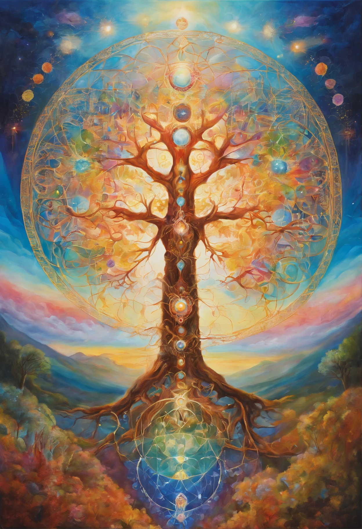 Contemporary acrylic paintings, high-end acrylic painting, modern transitional style, golden ratio, sacred geometry Kabbalah tree of life chakra crystals
