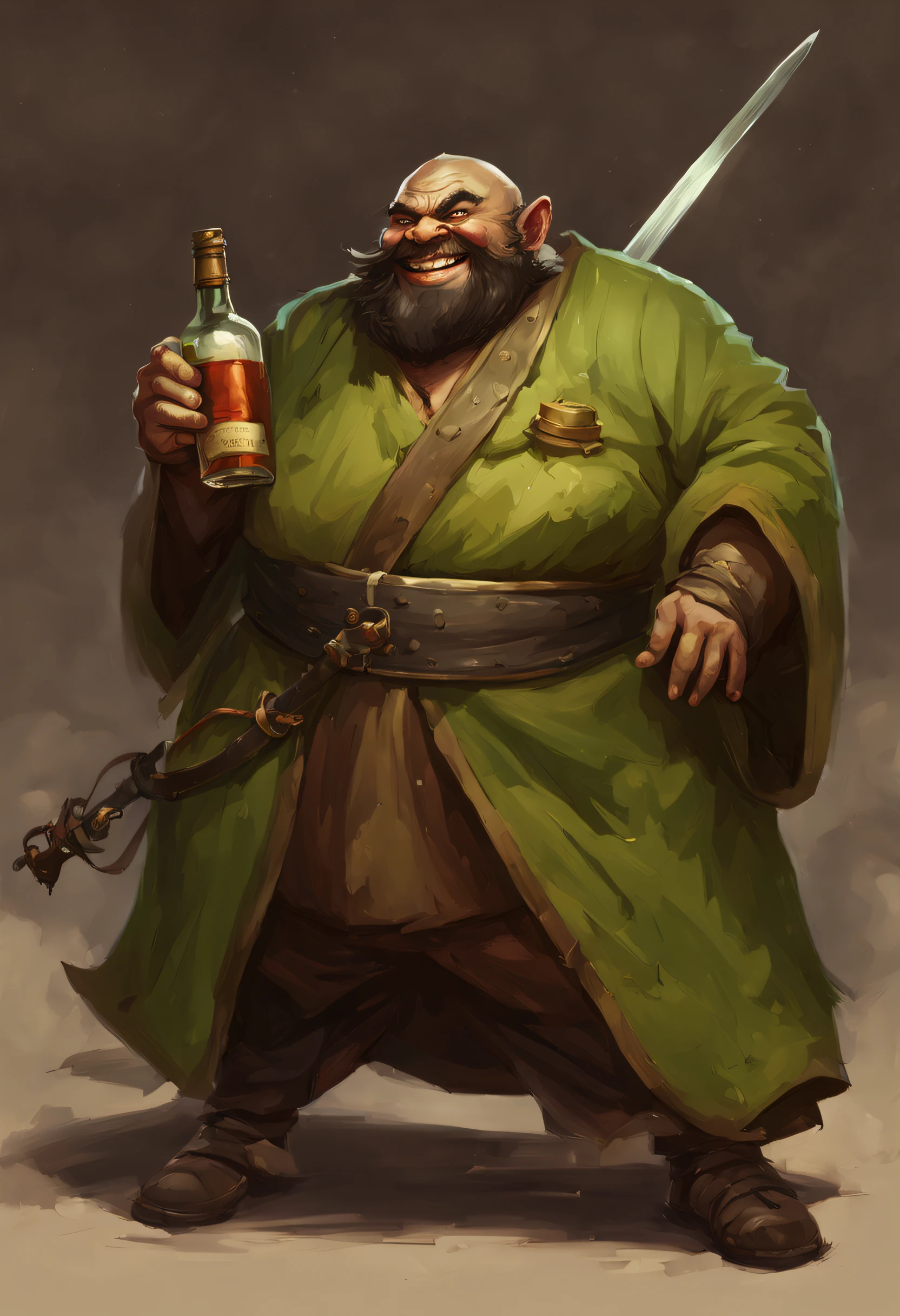 n obese jovial green orcish man dressed in a brown monk costume with a bottle of wine in his hand and a box of liquor at his feet and a rapier in his other hand, Du Jin, epic fantasy character art, a character portrait, antipodeans with a sword sheath at his wait and a rapier in hand