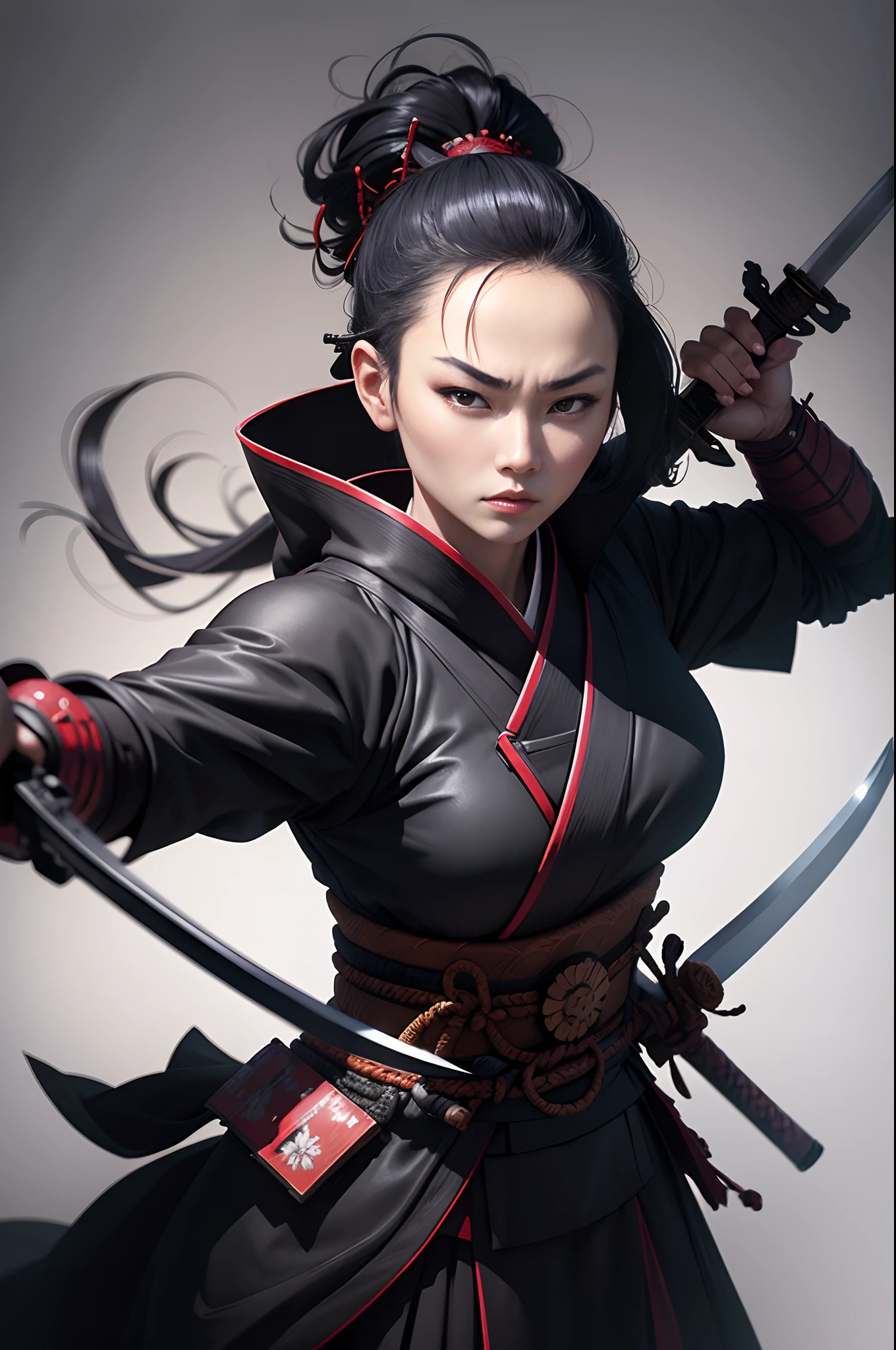 Visual art capturing a composition of a female samurai sword in a black kimono pointing a sword at an enemy. Dark and Ruthless Hard - Boiled Style, Michelangelo, Digital Illustration and Pen Tablet, Dark and Cold Light —v 5.2