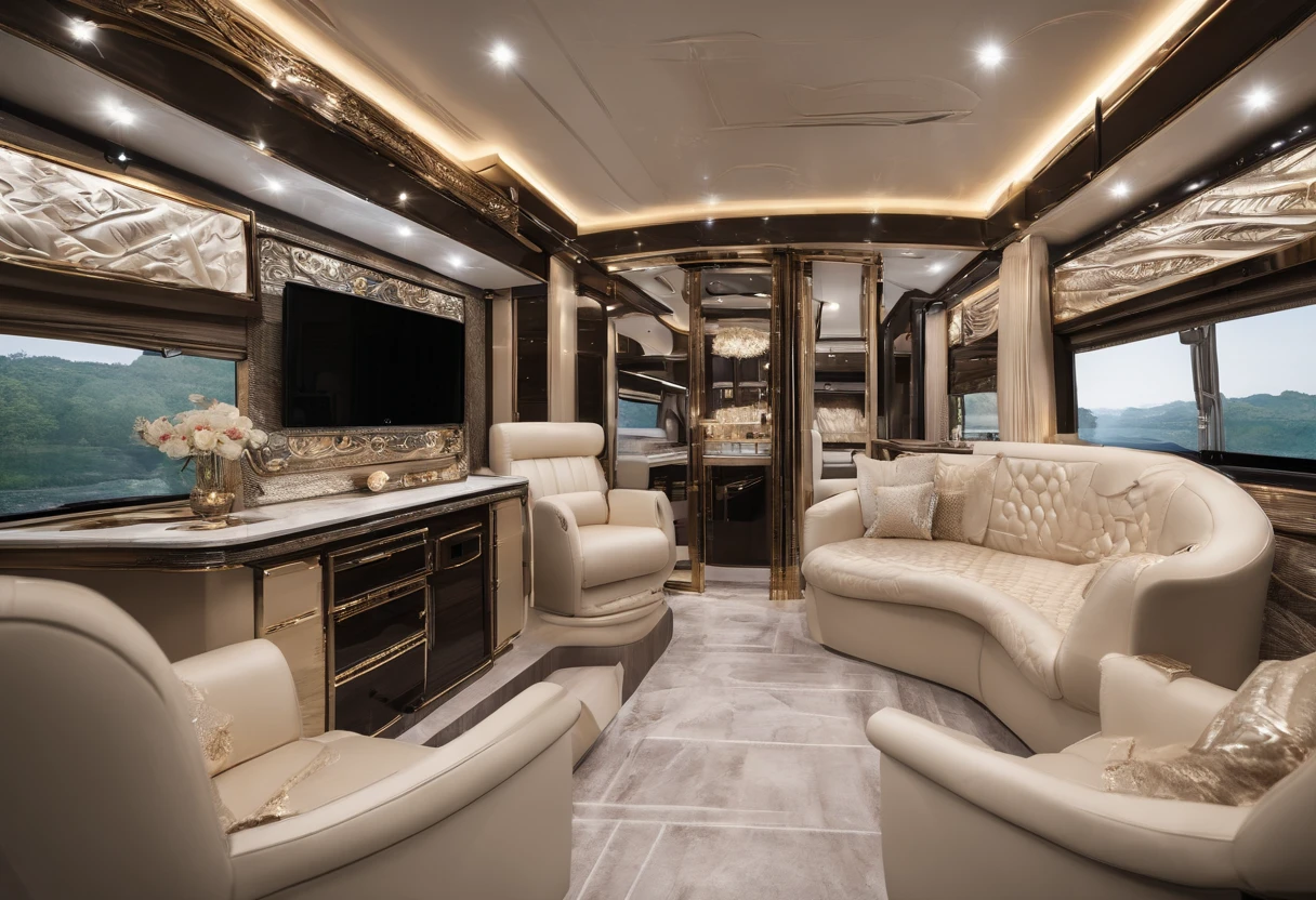 (Luxury motorhomes equipped with a variety of jewels),posh,gold,Diamond,pearls,Red Jewel,The front cover opens, The engine was loaded with gold coins