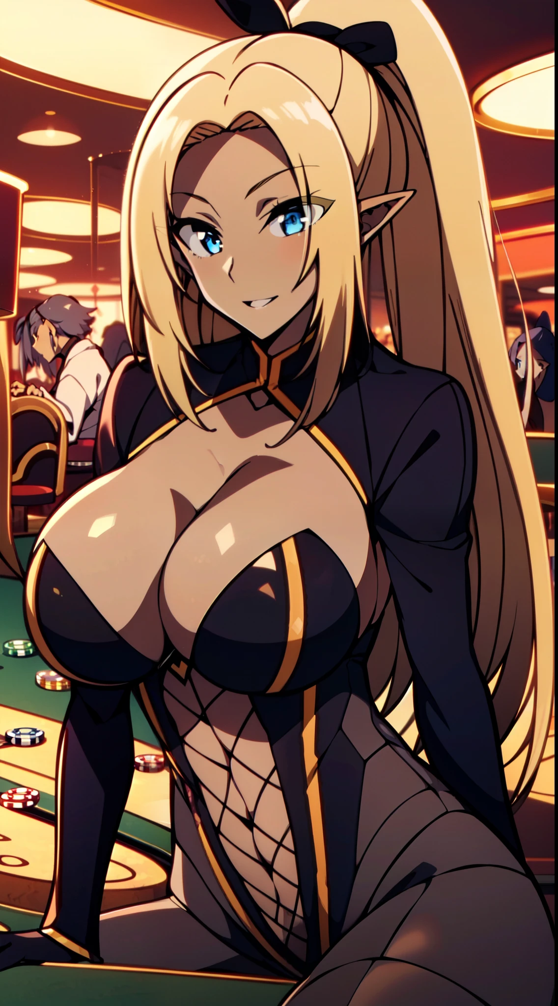 masterpiece, best quality, extremely detailed, anime art style, 1girl, mature female, solo, ChopioAlpha, (dark brown skin:1.6), (large breasts:1.6), ((blonde hair, ponytail, blue eyes, pointy ears)), parted lips, ((fishnet bodysuit, reverse bunnysuit, heart pasties, maebari, black gloves, black pantyhose)), light smile, ((sitting on the table, casino))