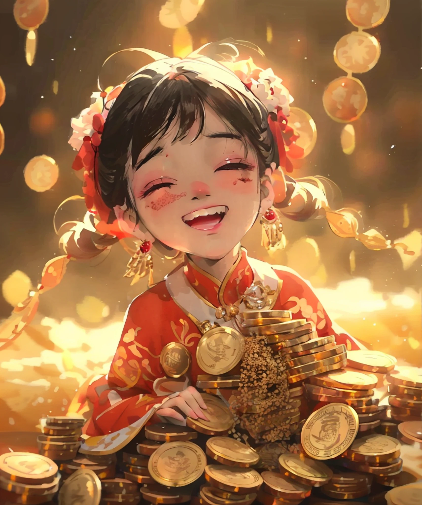 A girl in a red dress holding a pile of gold coins close-up, masterpiece: 1.2, ultra-detailed, photorealistic: 1.37, high resolution (8k), Ross Tran style artwork, trending on CGSTATION, created by Ross Tran in the style of Guweiz, inspired by Ross Chen and the art styles of Ross Tran, Artgerm, and Atey Ghailan.