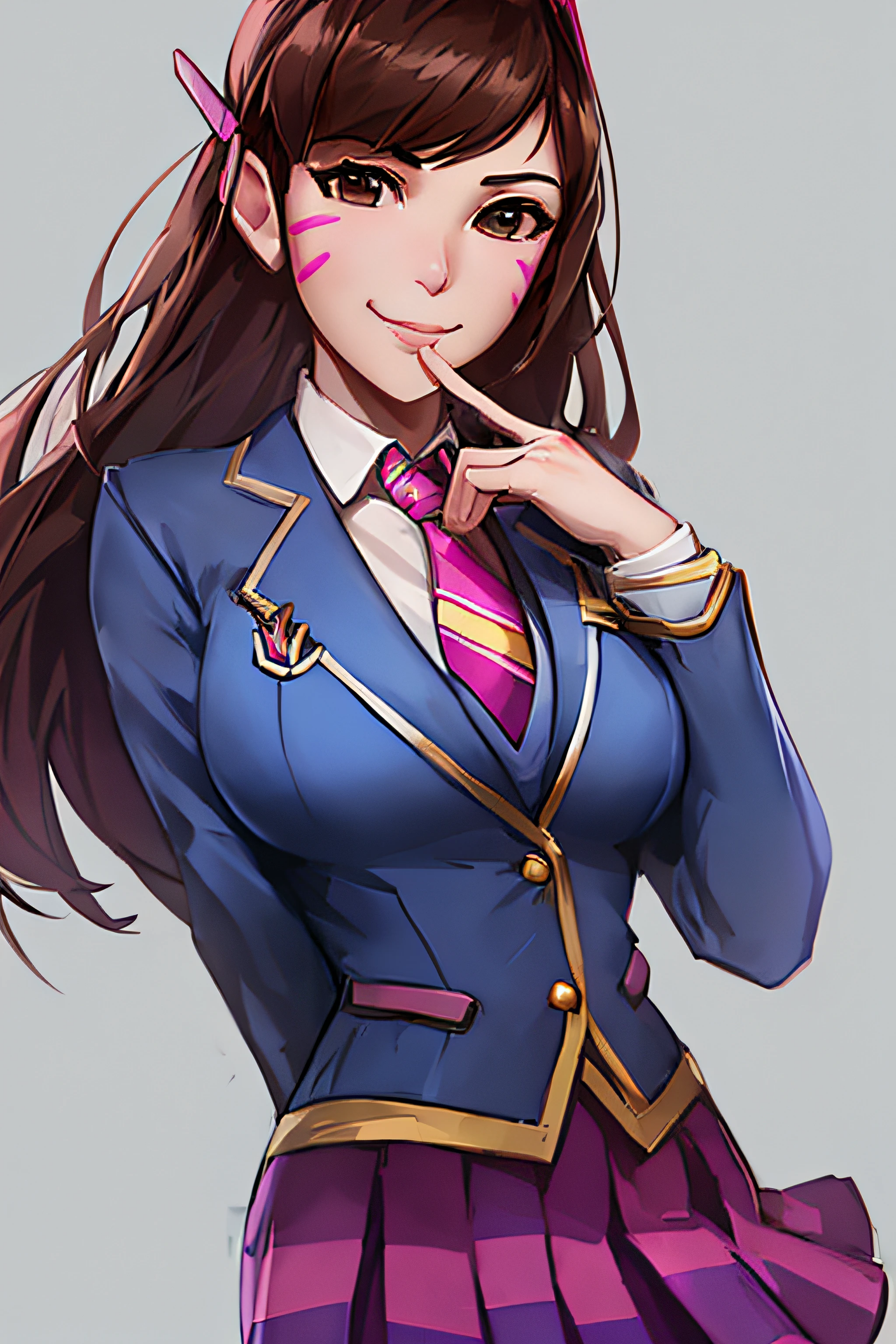 portrait, waist up, d.va (overwatch), blue skirt suit, suit and tie, ((three-piece suit)), striped necktie, waistcoat, blazer, bodycon miniskirt, long hair, friendly face expression, looking at viewer, office background, sunlight, best quality