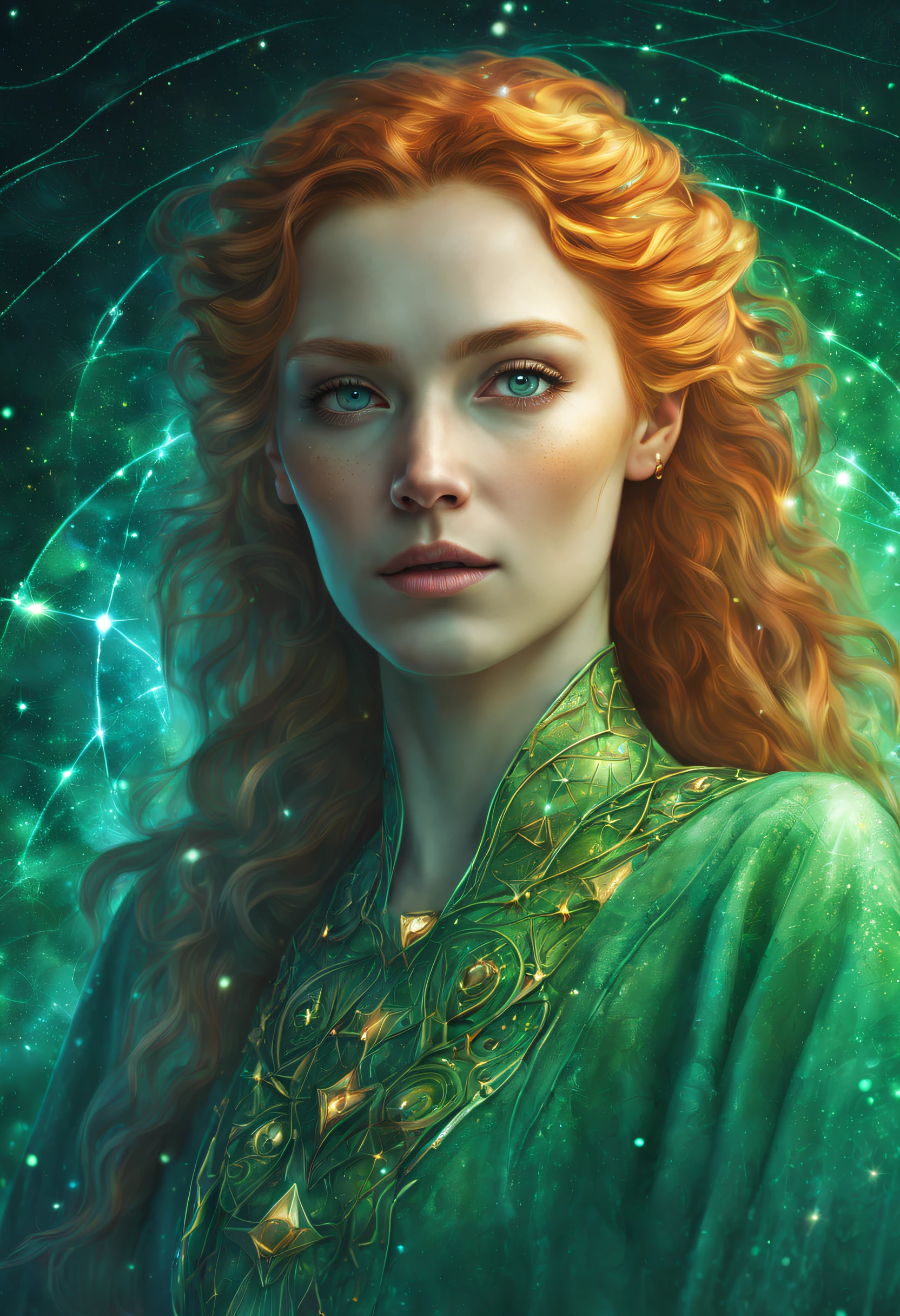 masterpiece, best quality, 1 girl, adult (elven:0.7) woman, freckles, turquoise eyes, ginger medium hair, portrait, solo, upper body, looking at viewer, detailed background, detailed face, (SilverSapphireAI theme:1.1) astral wizard, zodiac, dynamic pose, occult, aries, geometric symbolism, celestial power, bright light green lights, glow, aura, shine, metaphysics, reincarnation, floating particles, backlighting, cosmic space background, otherworldly ethereal atmosphere,