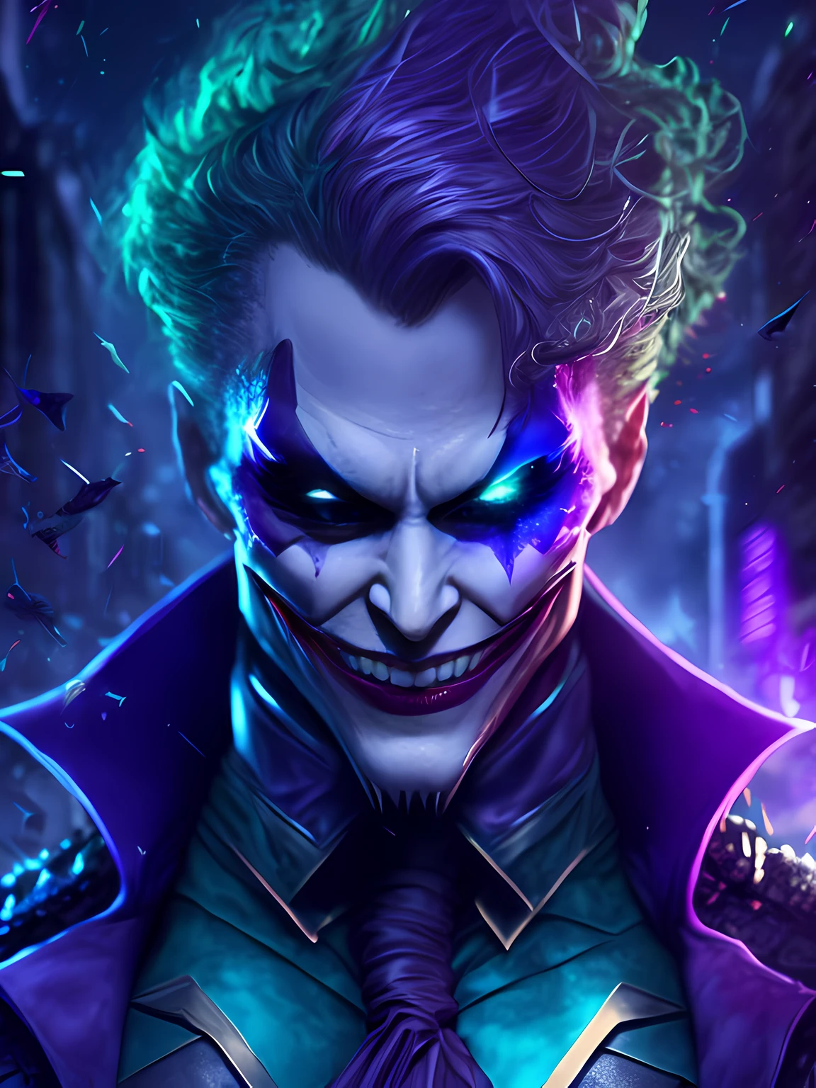 gloomy portrait of Black Lantern Joker from DC, extremely detailed, futuristic cityscape, nighttime, glowing neon lights, smoke, sparks, metal shavings, flying debris, blue energy effects, volumetric light