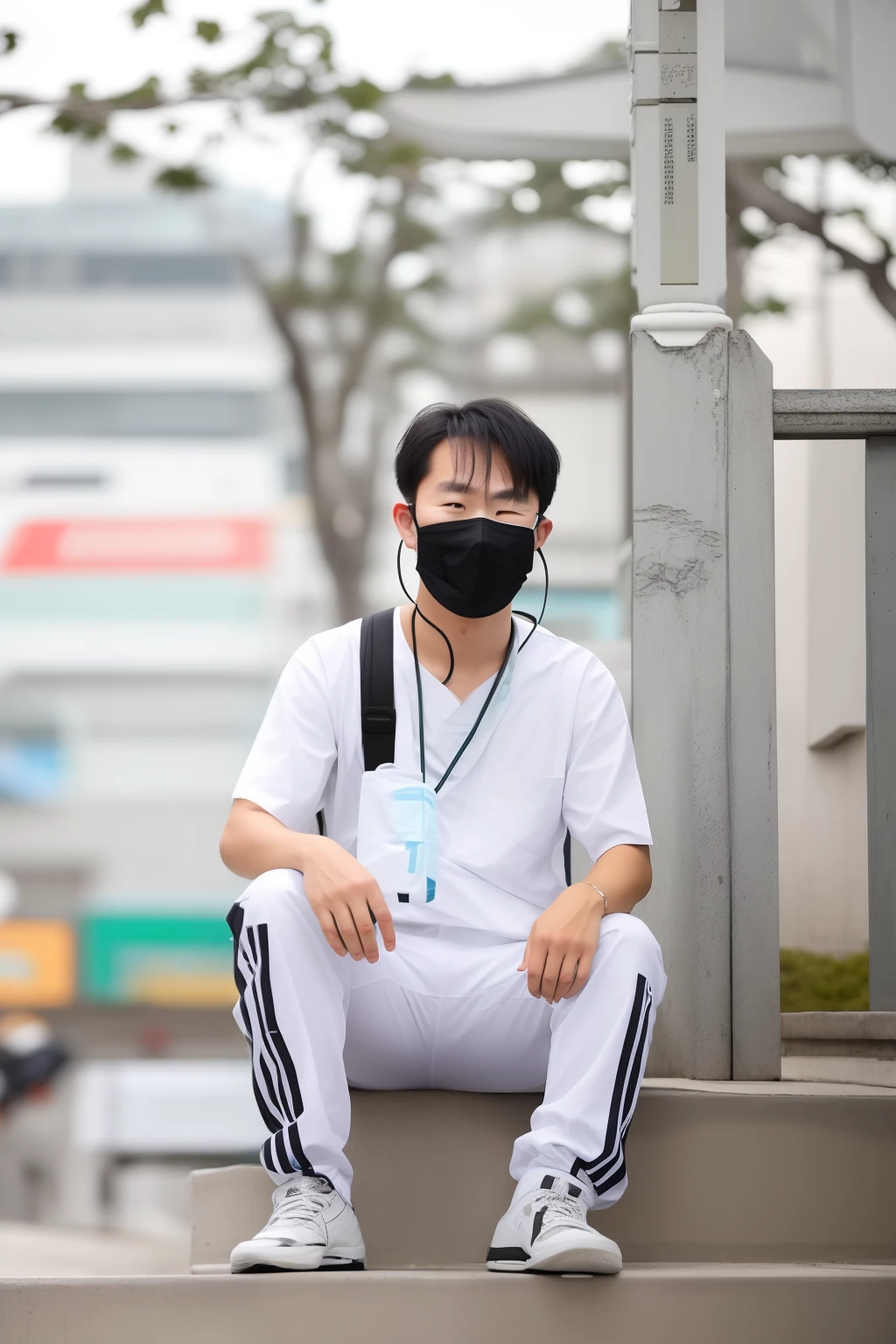 there is a man sitting on the steps wearing a mask, wearing all black mempo mask, wearing facemask, wearing facemask and sunglasses, wearing mask, south korean male, people are wearing masks, white man with black fabric mask, wearing a mask, young cute wan asian face, surgical mask covering mouth, some of them use gask mask, asian man