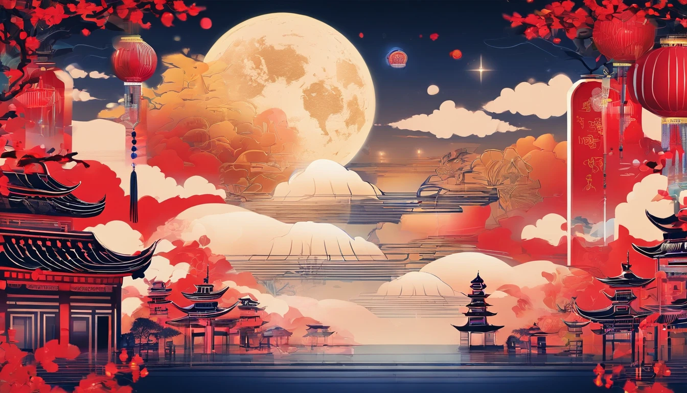 Mid-Autumn Festival,Moon cake, Auspicious clouds, Red lanterns, Exquisite ancient Chinese architecture, In the background is a huge moon, With vector line illustration, amarelo、Red and dark blue tones, Abstract picture, surrealism, Clear background trends, clear contour light, Edge light, fantasy, Dappled light, Flat illustration,Disney style, 8K, --AR 9:16 --q 2 --niji 5