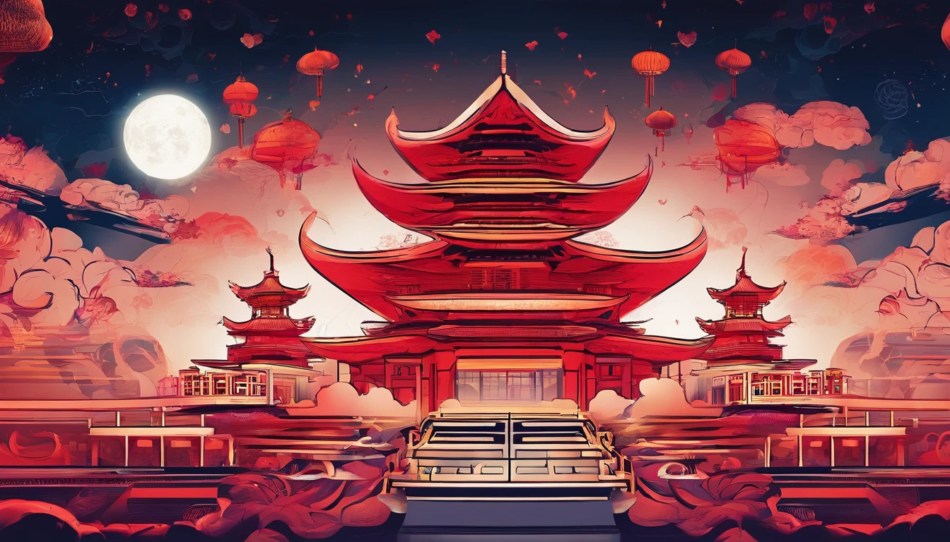 Mid-Autumn Festival，Moon cake， Auspicious clouds, Red lanterns, Exquisite ancient Chinese architecture, In the background is a huge moon, With vector line illustration, amarelo、Red and dark blue tones, Abstract picture, surrealism, Clear background trends, clear contour light, Edge light, fantasy, Dappled light, Flat illustration,Disney style, 8K, --AR 9:16 --q 2 --niji 5