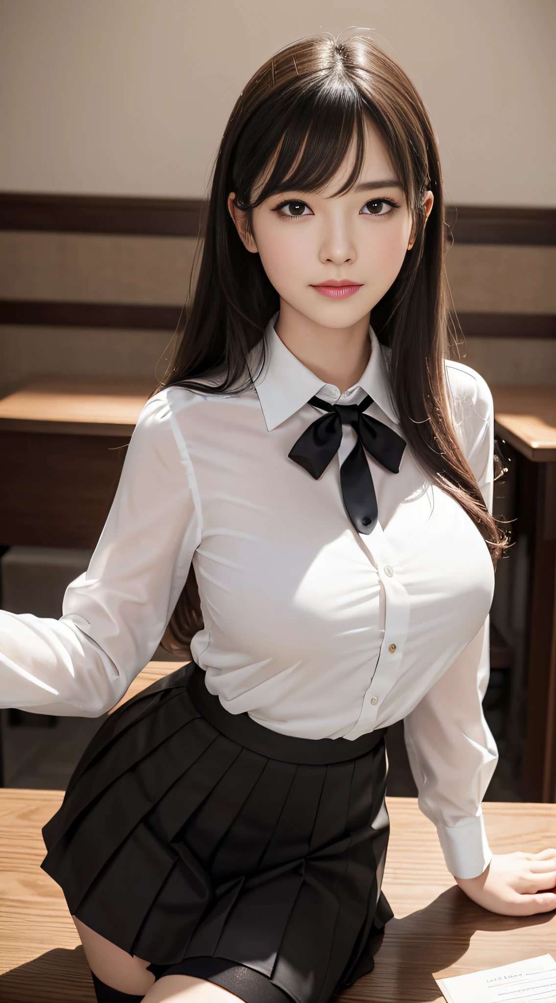 （Masterpiece, Best quality）, miss, Mature female, Delicate, （Beautiful face），HD face，Super cute ，Very beautiful face，（（cute  face）），Cute，Clear facial visibility，Long hair, Black hair, Straight hair, bangs, Beautiful detailed eyes, Light smile, shirt, pleated_Skirt,ties, Thin black stockings, Heels,Empty coffee shop，The stands up, Bigboobs，The shirt covers the large bust， Legs,Ultra HD, Textured skin, Super detail, highly details, high qulity，A high resolution, 16k,