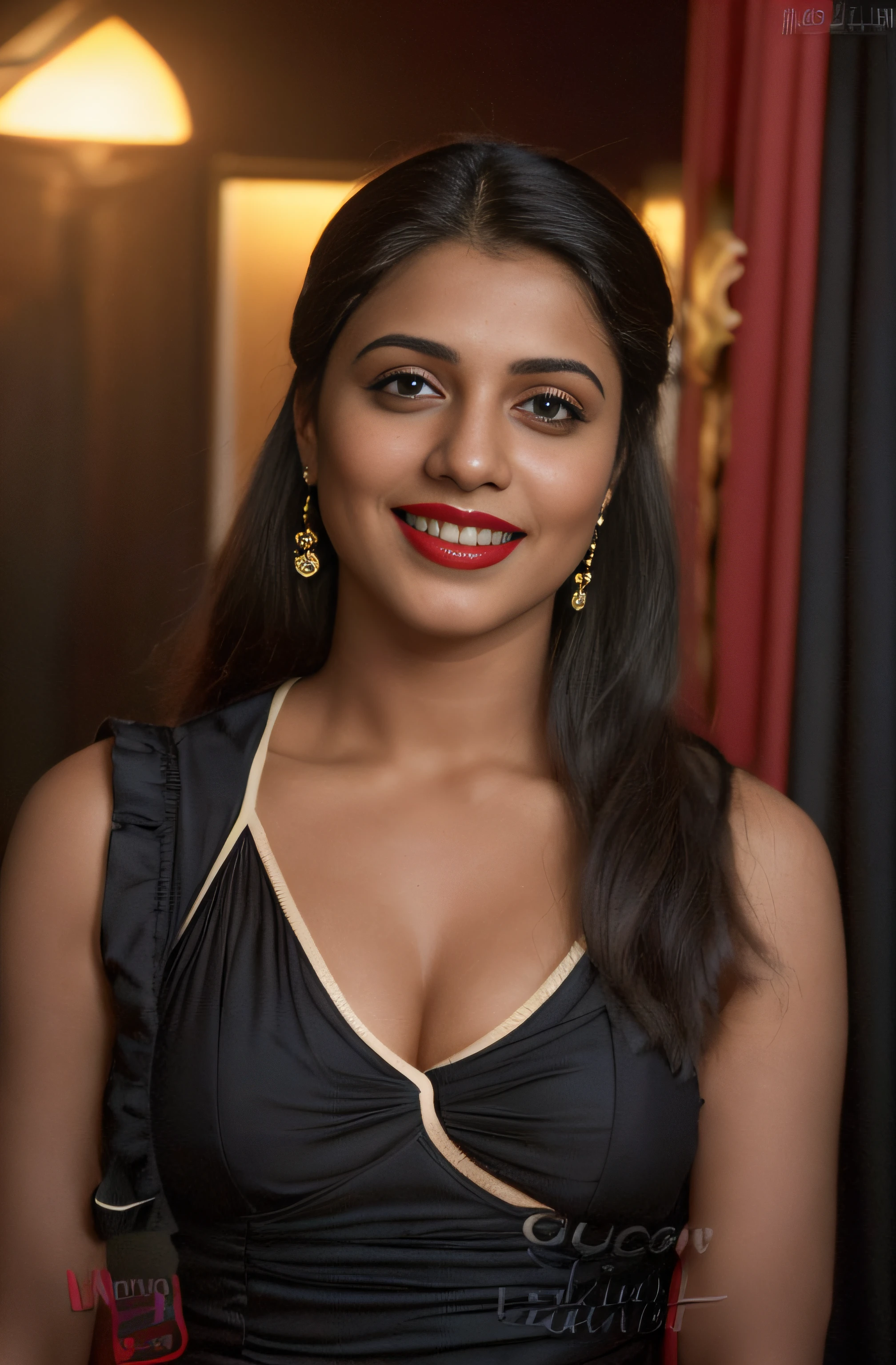 (editorial photograph of a young Indian woman in yellow dress and dark red lips),(((massive breast)))、karla ortiz, (highly detailed face:1.4) (smile:0.7) (backround 5 star hotel , moody, private study:1.3) POV, by lee jeffries, nikon d850, film stock photograph ,4 kodak portra 400 ,camera f1.6 lens ,rich colors ,hyper realistic ,lifelike texture, dramatic lighting , cinestill 800, realistic, wearing Black dobby weave self design fit & flare dress Sweetheart neck Short, puff sleeve Tie-up detail on back Above knee length in flounce hem Attached Lining Chiffon fabric, actress, karla ortiz, posing!!, candid picture, by Max Dauthendey,