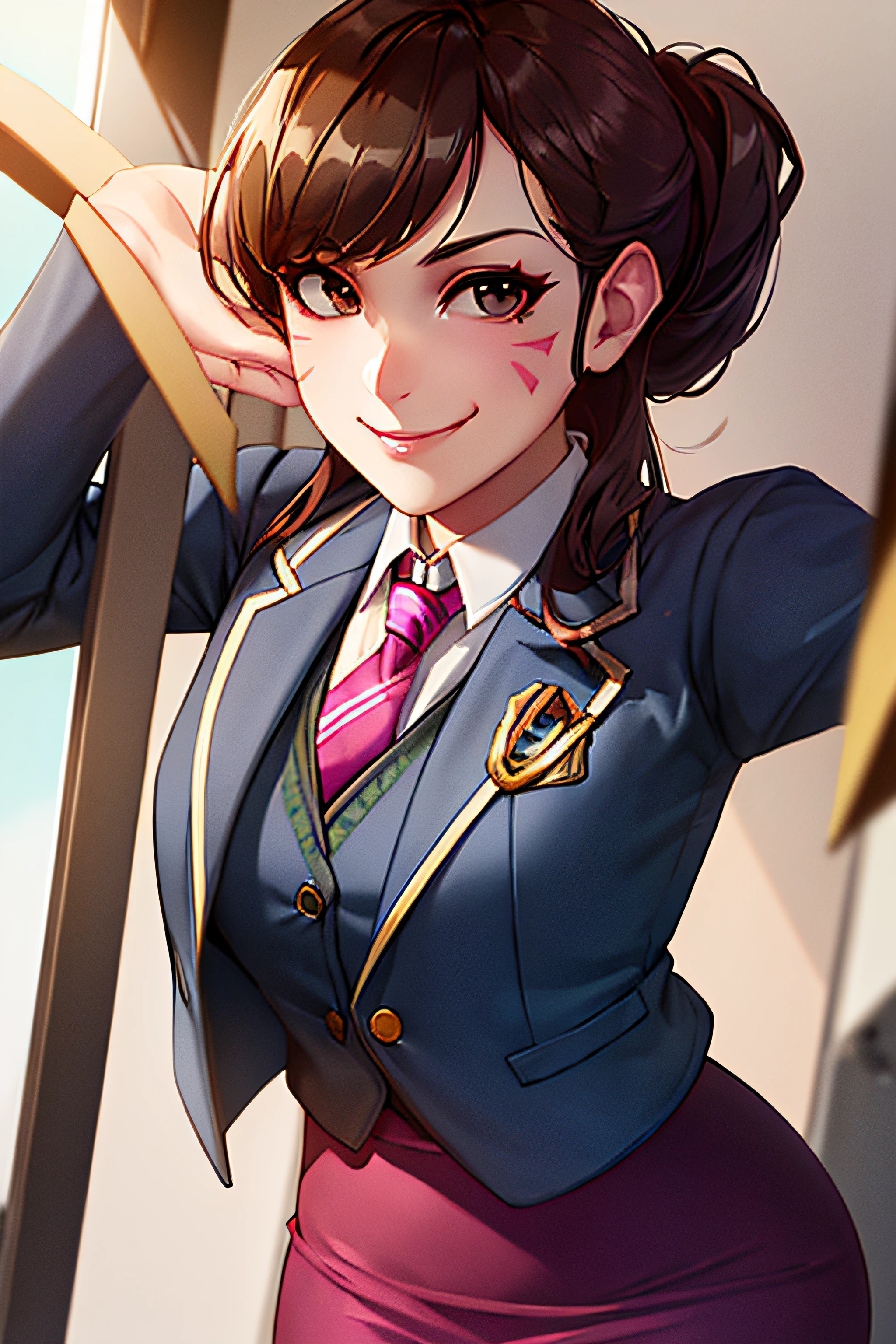 portrait, waist up, d.va, friendly face expression, long hair, grey skirt suit, business suit, suit and tie, ((three-piece suit)), floral necktie, (((waistcoat))), blazer, bodycon miniskirt, pencil skirt, hair up, friendly face expression, looking at viewer, office background, sunlight, best quality, smug, sunlight,best quality