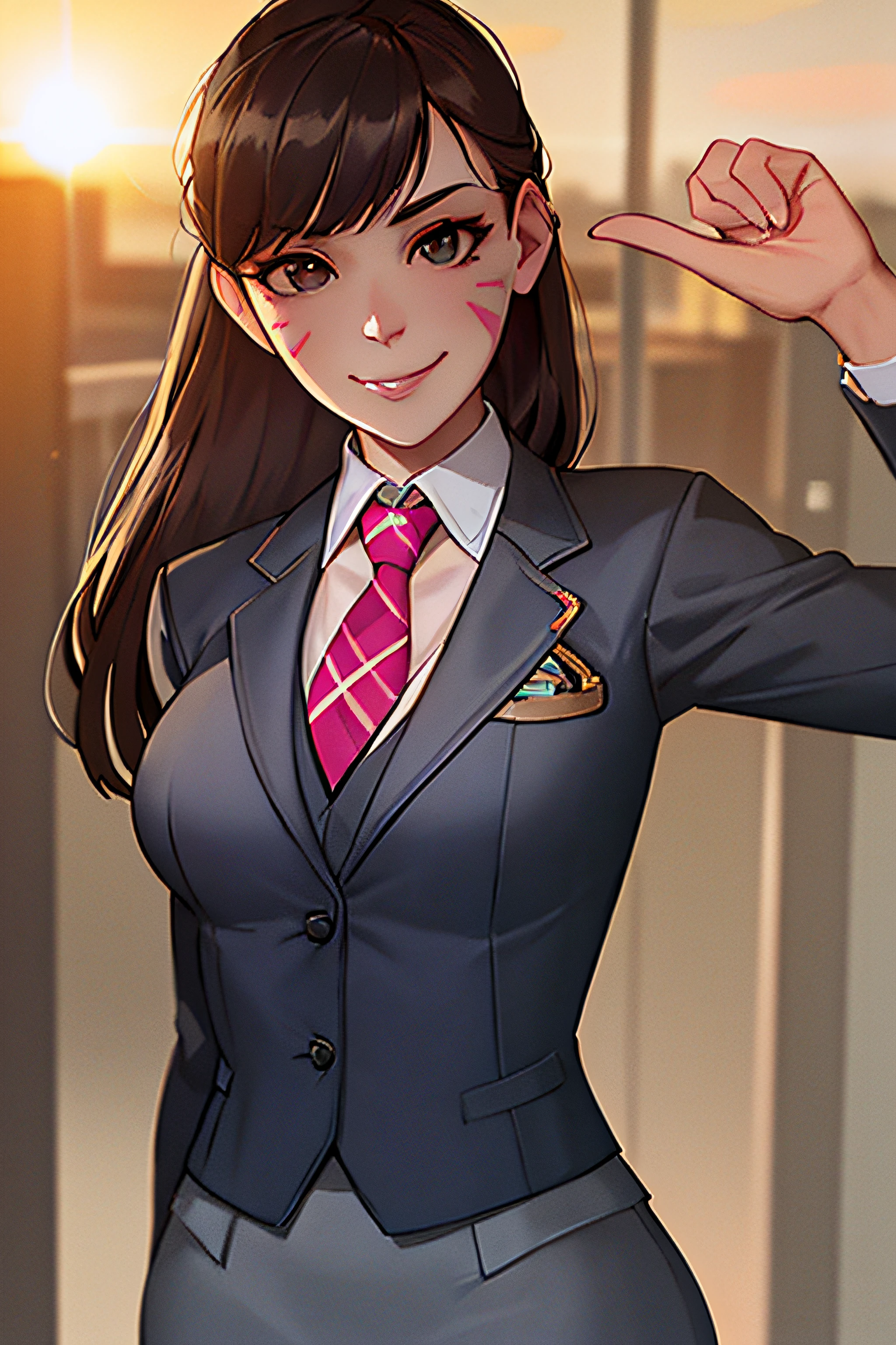 portrait, waist up, d.va, friendly face expression, long hair, grey skirt suit, business suit, suit and tie, ((three-piece suit)), floral necktie, (((waistcoat))), blazer, bodycon miniskirt, pencil skirt, hair up, friendly face expression, looking at viewer, office background, sunlight, best quality, smug, sunlight,best quality