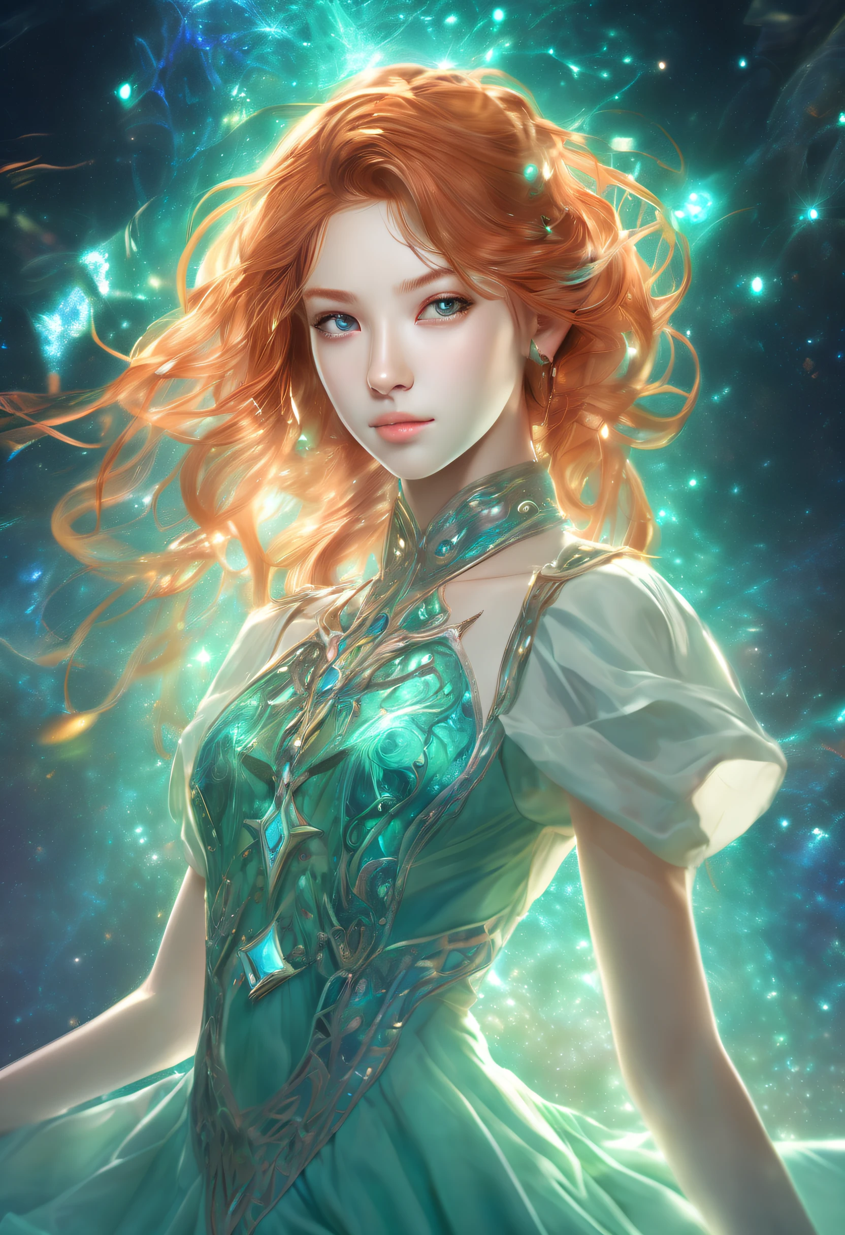 Masterpiece, Best quality, 1 girl, Adult (flod:0.7) woman, freckle, Turquoise eyes, Ginger medium hair, Portrait, Solo, Upper body, view the viewer, Detailed background, Detailed face, (Silver Sapphire AI theme:1.1) Starlight Elves, zodiac, Dynamic pose, occult, Aries, Geometric symbolism, Tianli, Bright light green light, Glow, Aura, Shine, Metaphysical, reincarnation, Floating particles, back lit lighting, cosmic space background, Otherworldly ethereal atmosphere,