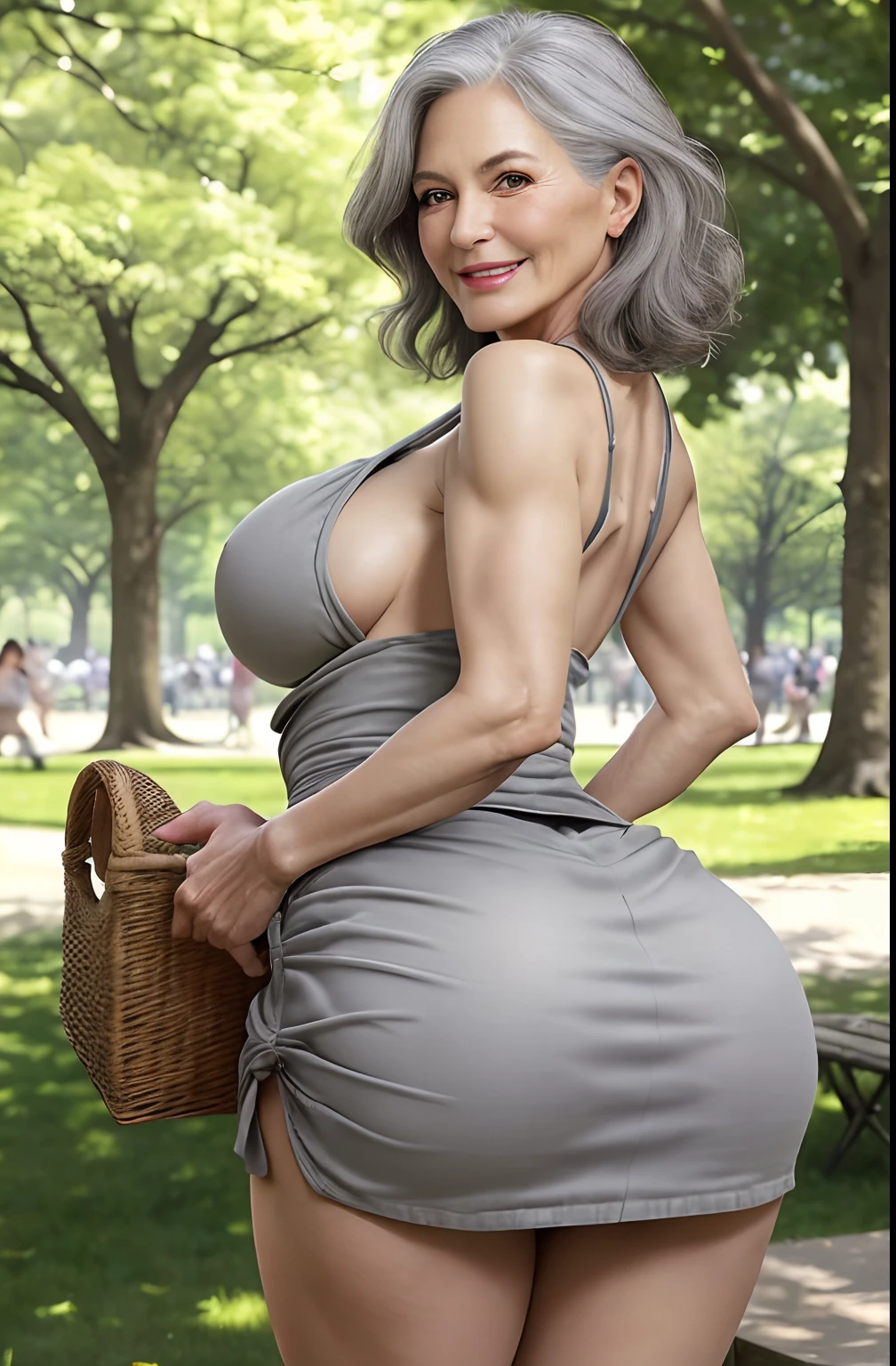 55-year-old woman with long gray hair, seductive gaze, (large breasts), ((huge butt)), view from behind, bending over, short skirt, green eyes, wrinkles on her face, 8k, detailed wrinkles, detailed background, ultra realistic, realism, exta realistic, wrinkles on body, SFW, beautiful summer dress, pic-nic, pic nic in the park, park in the middle of city, background showing full body, full body, extra small titts, small breasts, looking at viewer from below, light smile, teeth indoors,soft lighting, extreme detail, hdr, short hair, kare, making sandwiches, new york city background, park in the centre of New York