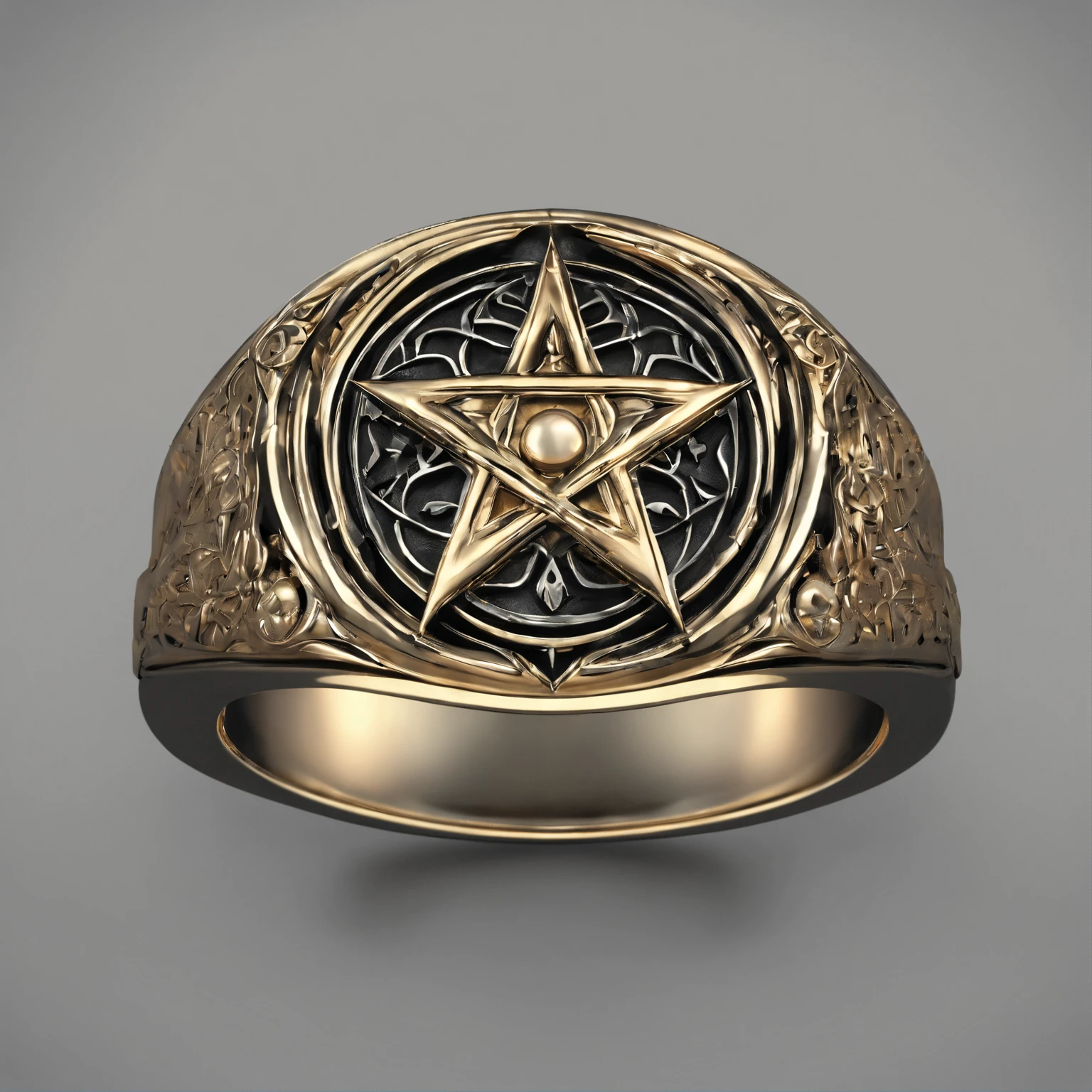(Ring art design,Pentagram pattern,Simple jewelry design,Art Nouveau,dynamic art,Contemporary art:1.45),(Berlin black iron jewelry in Victorian Gothic style,Hollow plant shape metal carving,Gold products,Handmade,Romantic engagement rings,The center is inlaid with a five-pointed star gold motif. Add a feminine touch to your designs,The image has a softness, Fantastical Atmosphere,Available for Facebook Ring Ads:1.2),