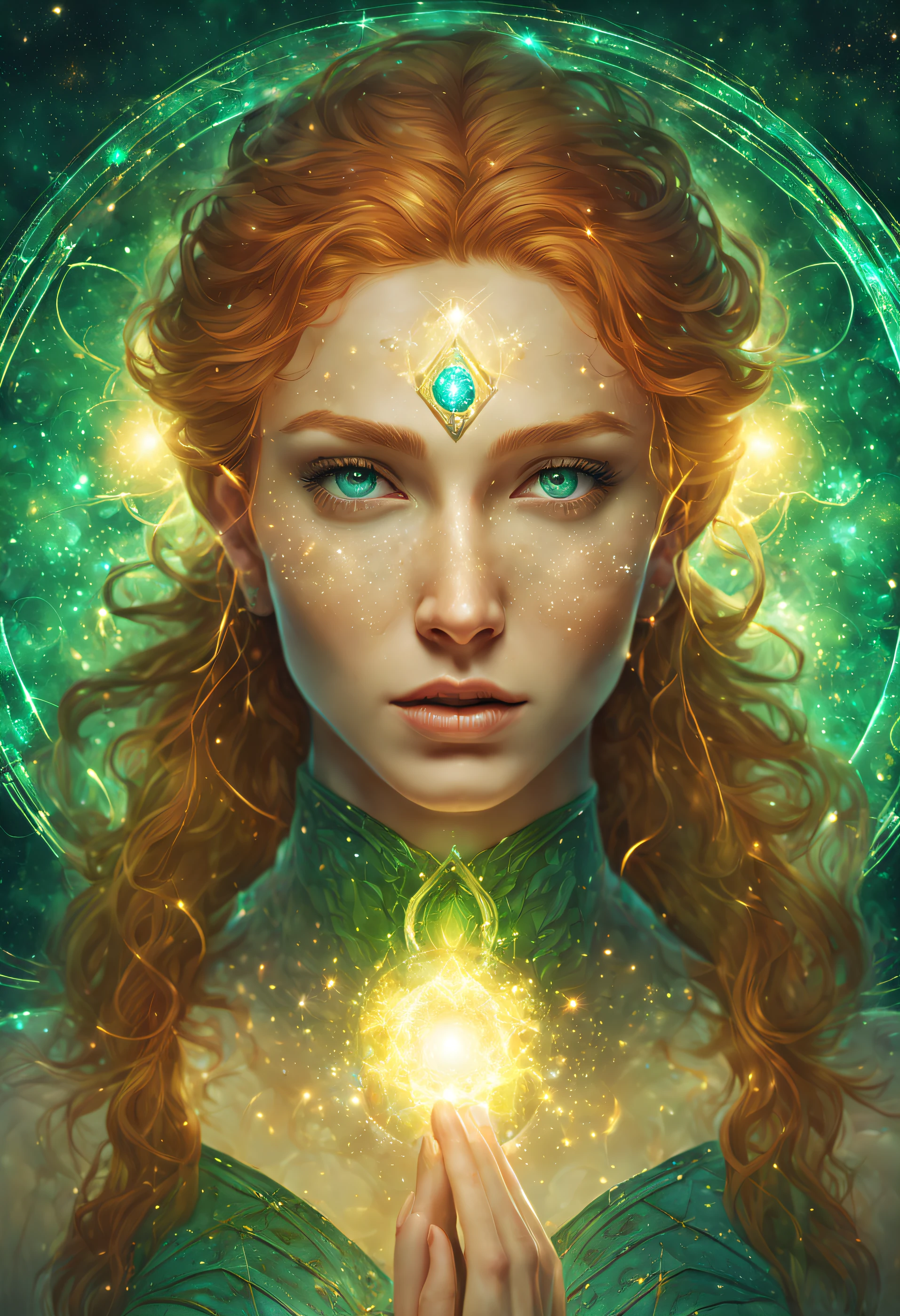 masterpiece, best quality, 1 girl, adult (elven:0.7) woman, freckles, turquoise eyes, ginger medium hair, portrait, solo, upper body, looking at viewer, detailed background, detailed face, (SilverSapphireAI theme:1.1) astral wizard, zodiac, dynamic pose, occult, aries, geometric symbolism, celestial power, bright light green lights, glow, aura, shine, metaphysics, reincarnation, floating particles, backlighting, cosmic space background, otherworldly ethereal atmosphere,