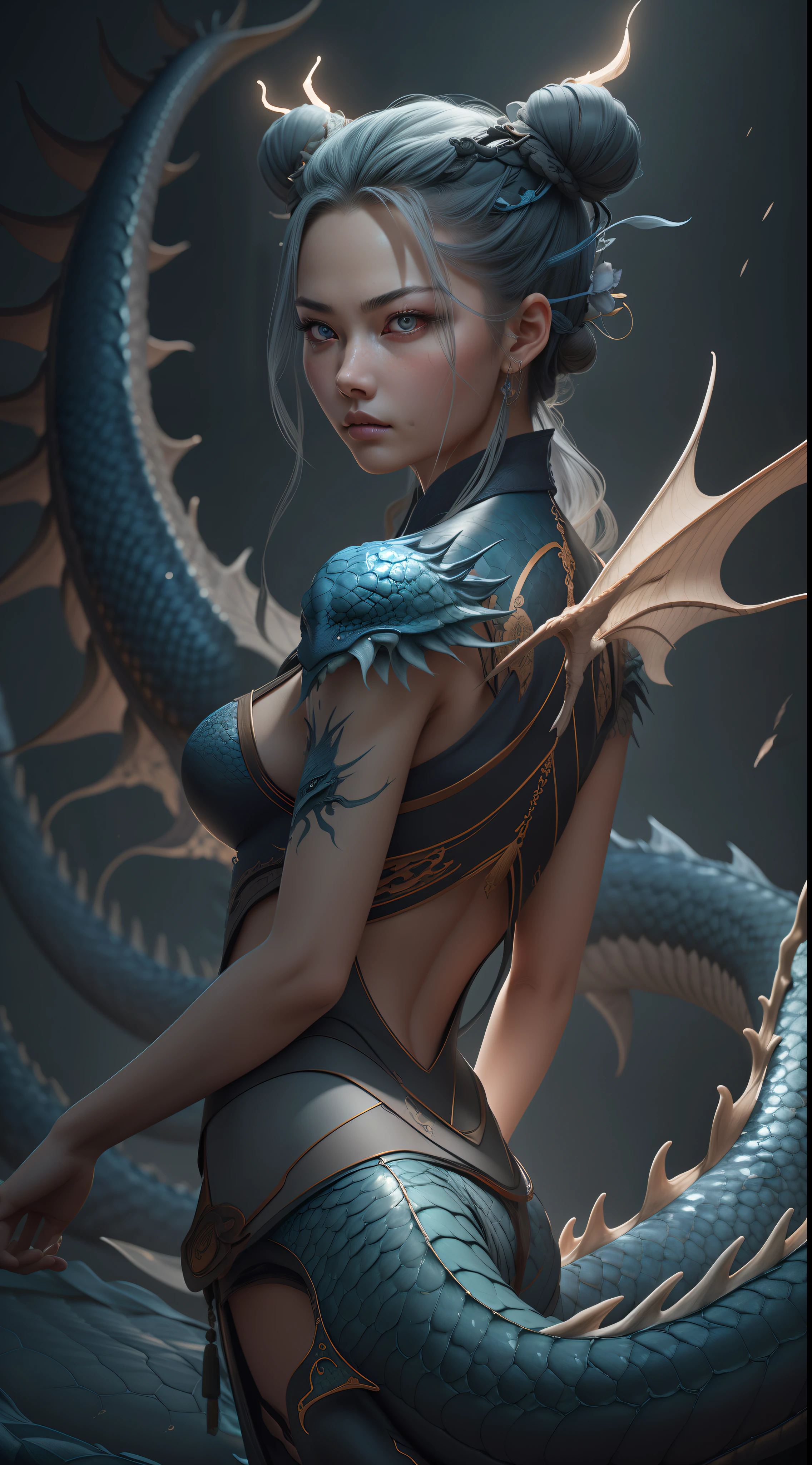 (RAW photo,realistic,photorealistic),Chinese fairy, 1girl\(loli\) and iris blue dragon, Chinese dragon pan glaring at girl, bun, dark gray background,slim,xianxia style,Cinematic Lighting,Accent Lighting,strong rim light,dramatic_shadow,ray_tracing,8k,hdr