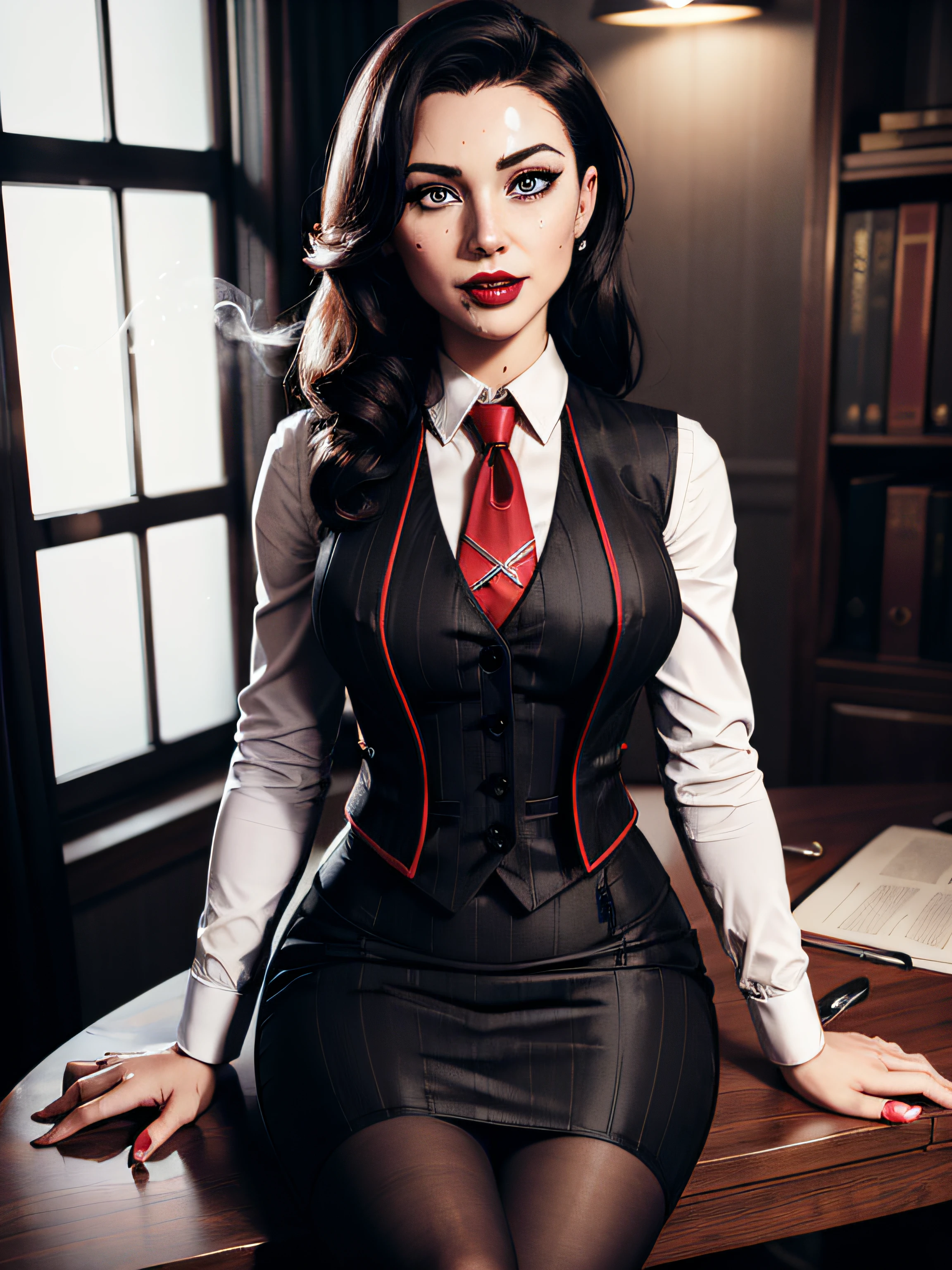 Elizabeth comstock, Portrait, smiling a viewer, (dessous), red lipstick, at detectives office, noire (8k, RAW photo, best quality, masterpiece:1.2),ultra-detailed, (high detailed skin:1.2), 8k uhd, dslr, soft lighting, high quality, 1 girl, cigarette, (((black pinstripe suit))), skirt suit, (((three-piece suit))), (((blazer))), jacket, red necktie, (((waistcoat))), (((bodycon pencil skirt))), tights, pantyhose, xtured pantyhose, cross pattern pantyhose, kneeling, bukkake, (((cum on face))), covered in cum, sticky, messy, facial, sticky face, semen covered, wet face, cum drenched, aroused, biting lip, blushing