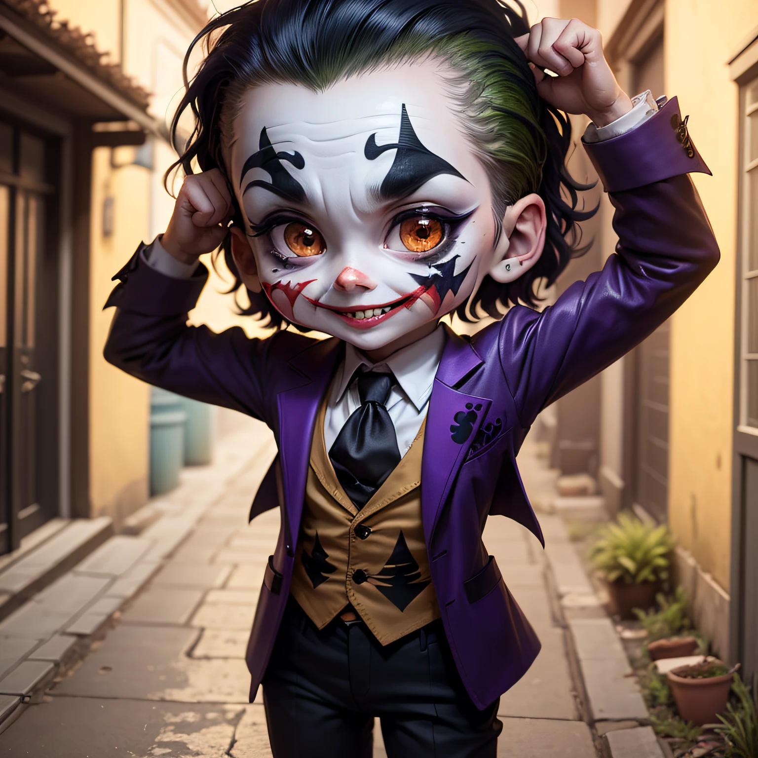 (Chibi cute joker:1.3), A dance pose in a dimly lit back alley, (Masterpiece), (Best Quality), (Ultra high Detailes)
