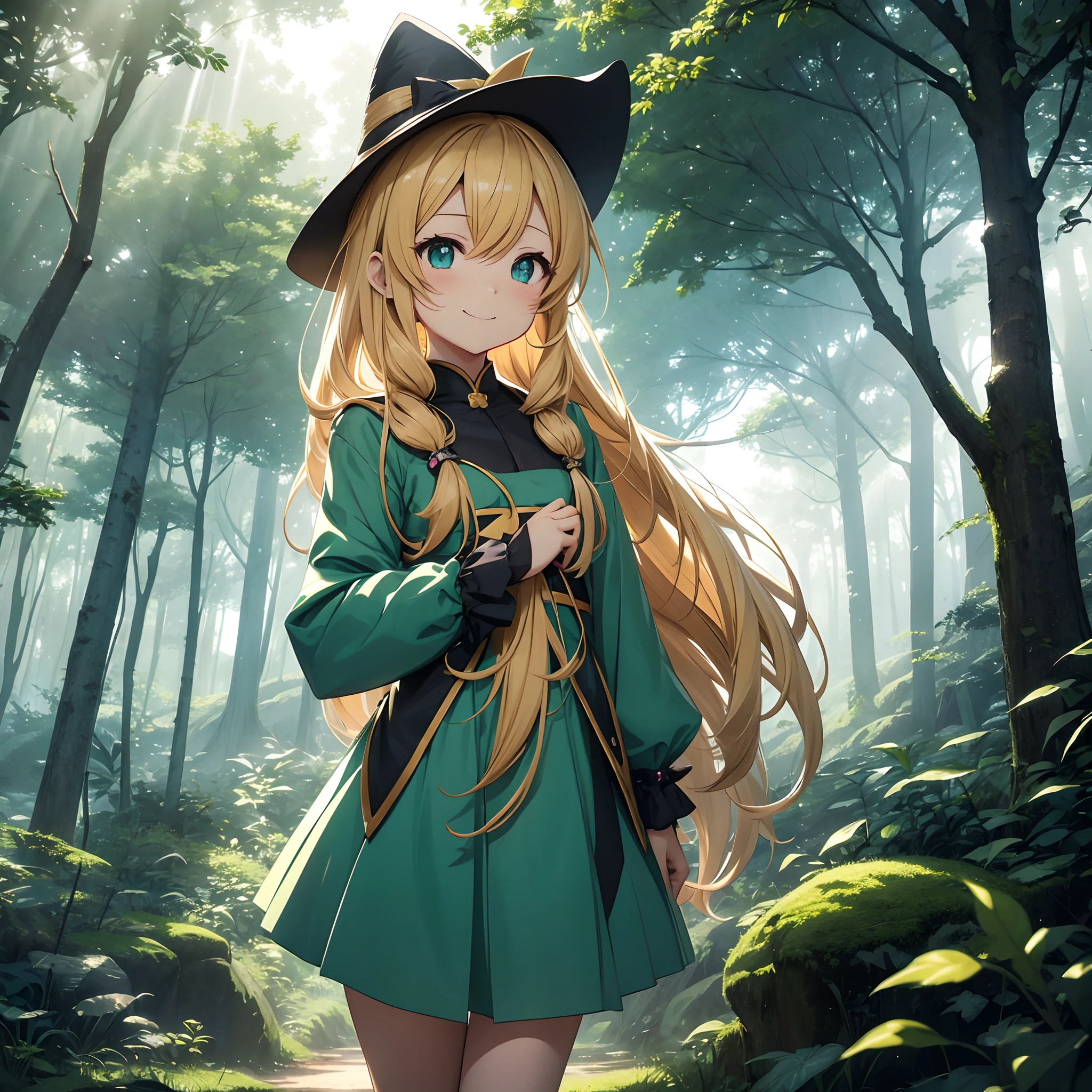 Anime style、Kawaii Girl、Chibikko、nendoroid、Deformed Character、SD Character、Witch Costume、Prayer surgery、Golden hair、Long hair、sideburns are short、Cut cheeks、Hanikami smile、Round Eye、Eye color is transparent emerald、colored pencil picture、Ultra-definition depiction of the background、Many trees々Stand in the middle of a deep forest、The area is shrouded in thick fog, however、Only one corner is illuminated by rays.、