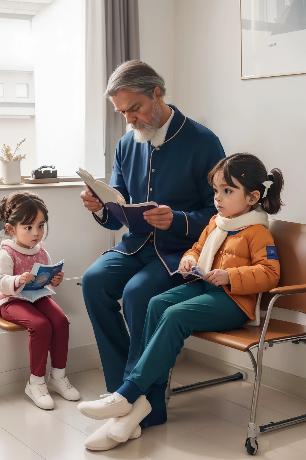 year: 2023. Location: Sweden. Pre-Raphaelite scene with a 59-year-old man, thin, ((clean classic look)), ((grumpy)) ((strict)), in the (((hospital waiting room))) with ((((two 3--old ls)))), reading a colorful children story, ((((winter Clothing from the 2020s, pants and jersey)))) ((Hairstyle of the 2020s)), ((("OMITB" cinematography)))