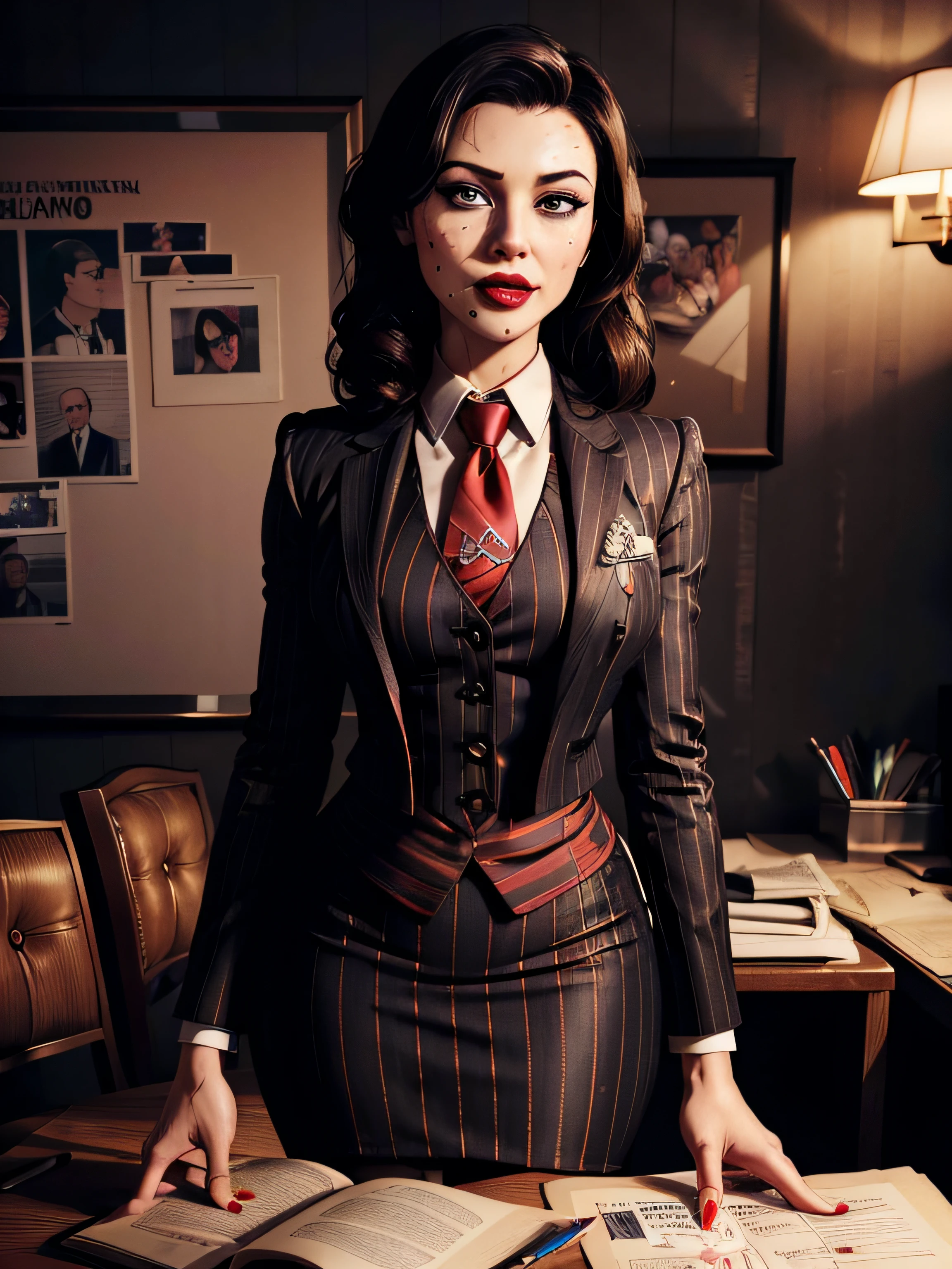 Elizabeth comstock, Portrait, smiling a viewer, (dessous), red lipstick, at detectives office, noire (8k, RAW photo, best quality, masterpiece:1.2),ultra-detailed, (high detailed skin:1.2), 8k uhd, dslr, soft lighting, high quality, 1 girl, cigarette, (((black pinstripe suit))), skirt suit, (((three-piece suit))), (((blazer))), jacket, red necktie, (((waistcoat))), (((bodycon pencil skirt))), tights, pantyhose, xtured pantyhose, cross pattern pantyhose, kneeling, bukkake, (((cum on face))), covered in cum, sticky, messy, facial, sticky face, semen covered, wet face, cum drenched, aroused, biting lip, blushing