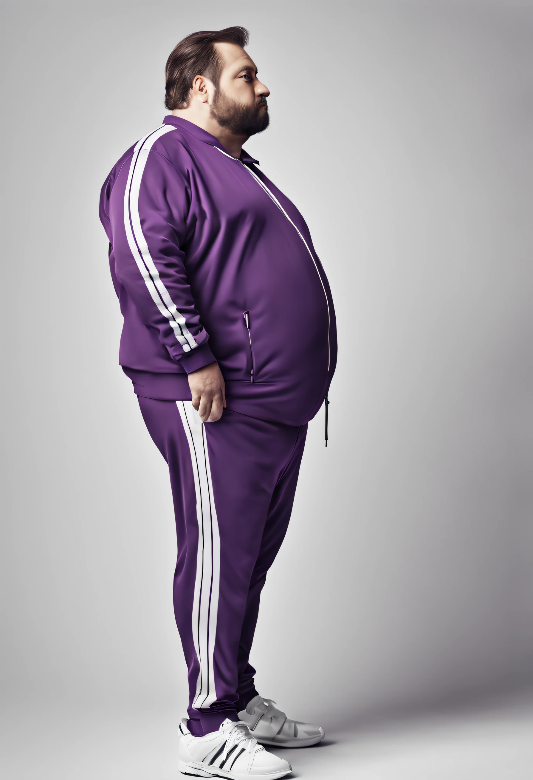 Fat frenchman in purple striped tracksuit with white stripes, side-view, foto realista