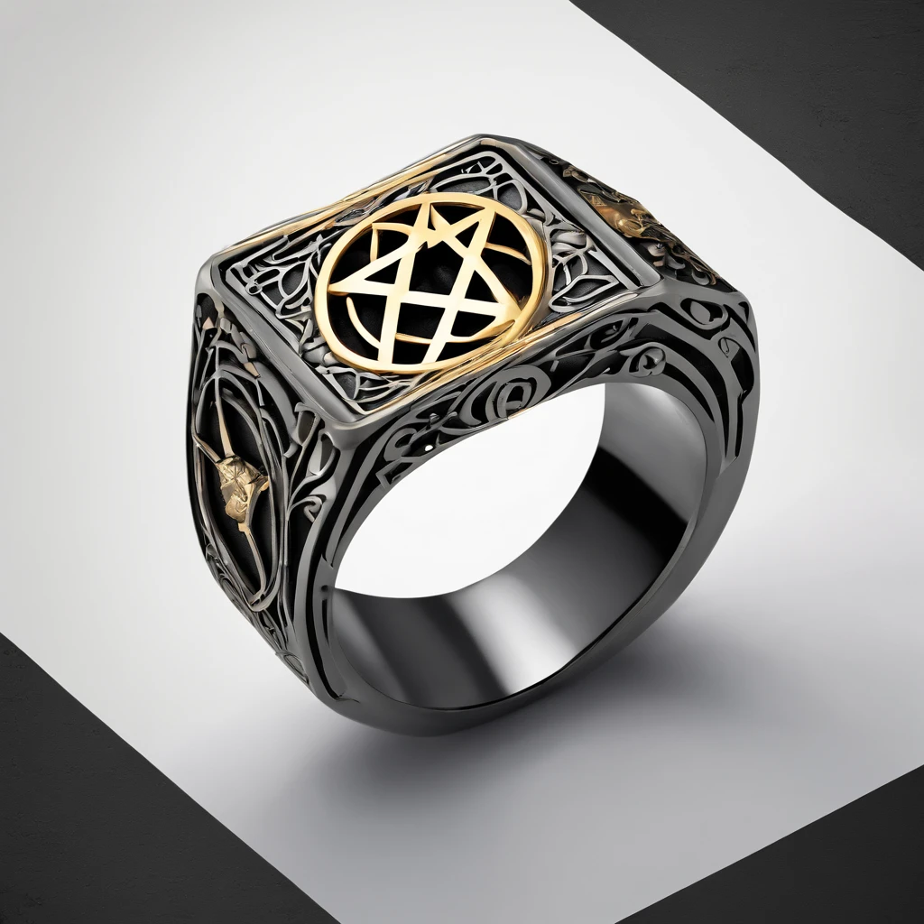 (Ring art design,Pentagram pattern,Simple jewelry design,Art Nouveau,dynamic art,Contemporary art:1.45),(Berlin black iron jewelry in Victorian Gothic style,Hollow plant shape metal carving,Gold products,Handmade,Romantic engagement rings，The center is inlaid with a five-pointed star gold pattern. Add a feminine touch to your designs,The image has a softness, Fantastical Atmosphere，Available for Facebook Ring Ads:1.2),