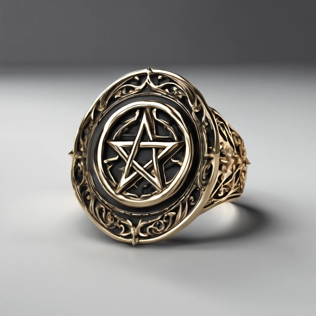 (Ring art design,Pentagram pattern,Simple jewelry design,Art Nouveau,dynamic art,Contemporary art:1.45),(Berlin black iron jewelry in Victorian Gothic style,Hollow plant shape metal carving,Gold products,Handmade,Romantic engagement rings,The center is inlaid with a five-pointed star gold pattern. Add a feminine touch to your designs,The image has a softness, Fantastical Atmosphere,Available for Facebook Ring Ads:1.2),