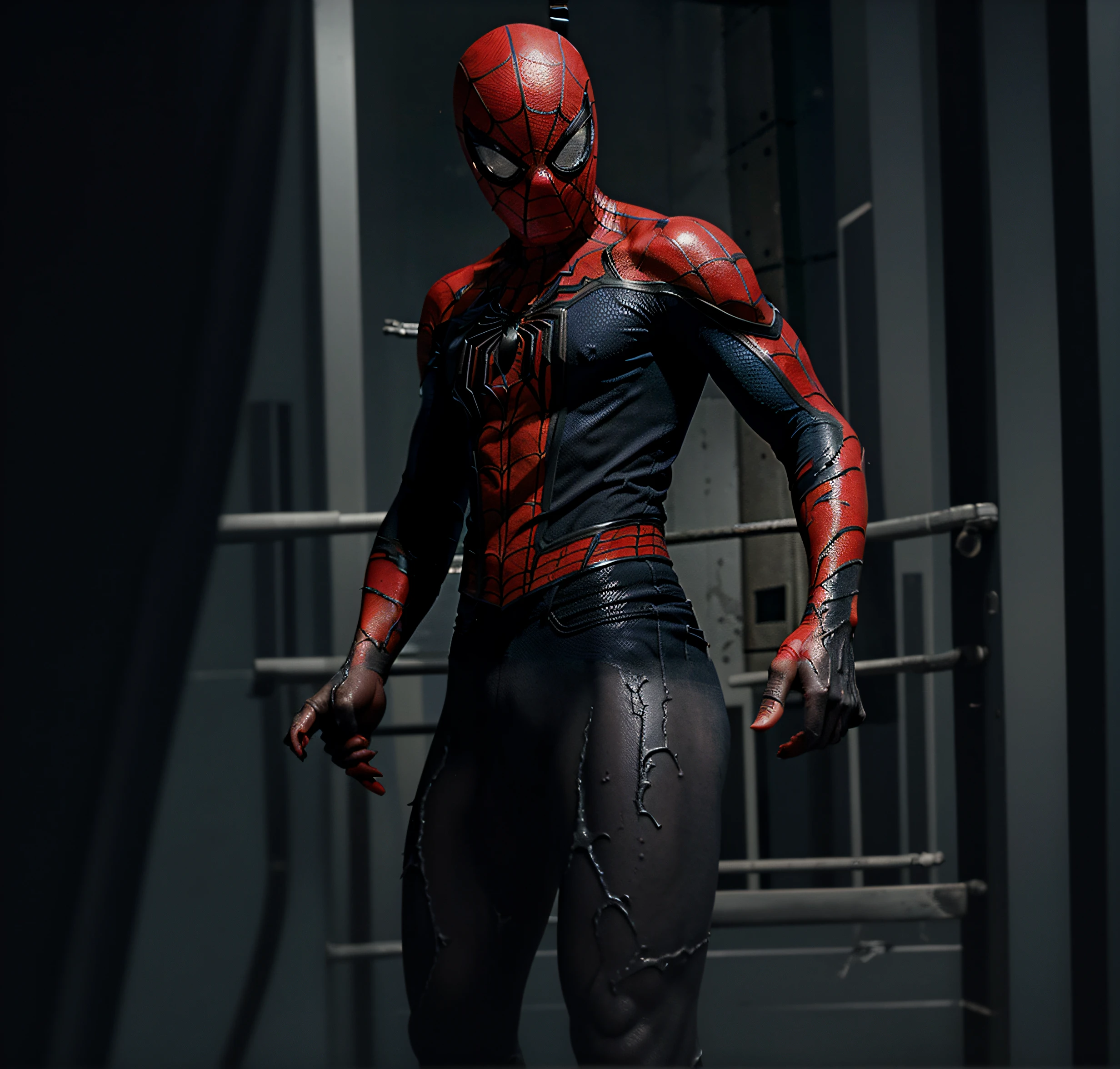 Spider man Slender man in a three-piece latex suit, masked,