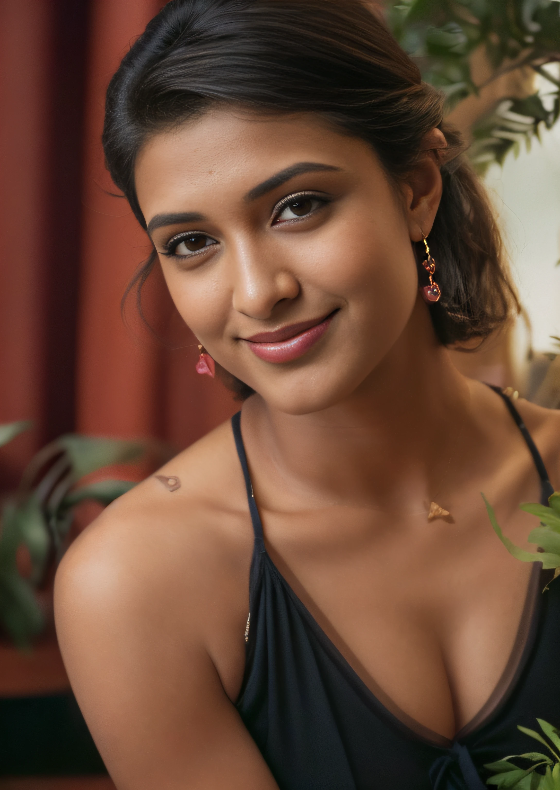 (editorial photograph of a young Indian woman),(((medium breast)))、karla ortiz, (highly detailed face:1.4) (smile:0.7) (backround 5 star hotel , moody, private study:1.3) POV, by lee jeffries, nikon d850, film stock photograph ,4 kodak portra 400 ,camera f1.6 lens ,rich colors ,hyper realistic ,lifelike texture, dramatic lighting , cinestill 800, realistic, wearing Black dobby weave self design fit & flare dress Sweetheart neck Short, puff sleeve Tie-up detail on back Above knee length in flounce hem Attached Lining Chiffon fabric, actress, karla ortiz, posing!!, candid picture, by Max Dauthendey,