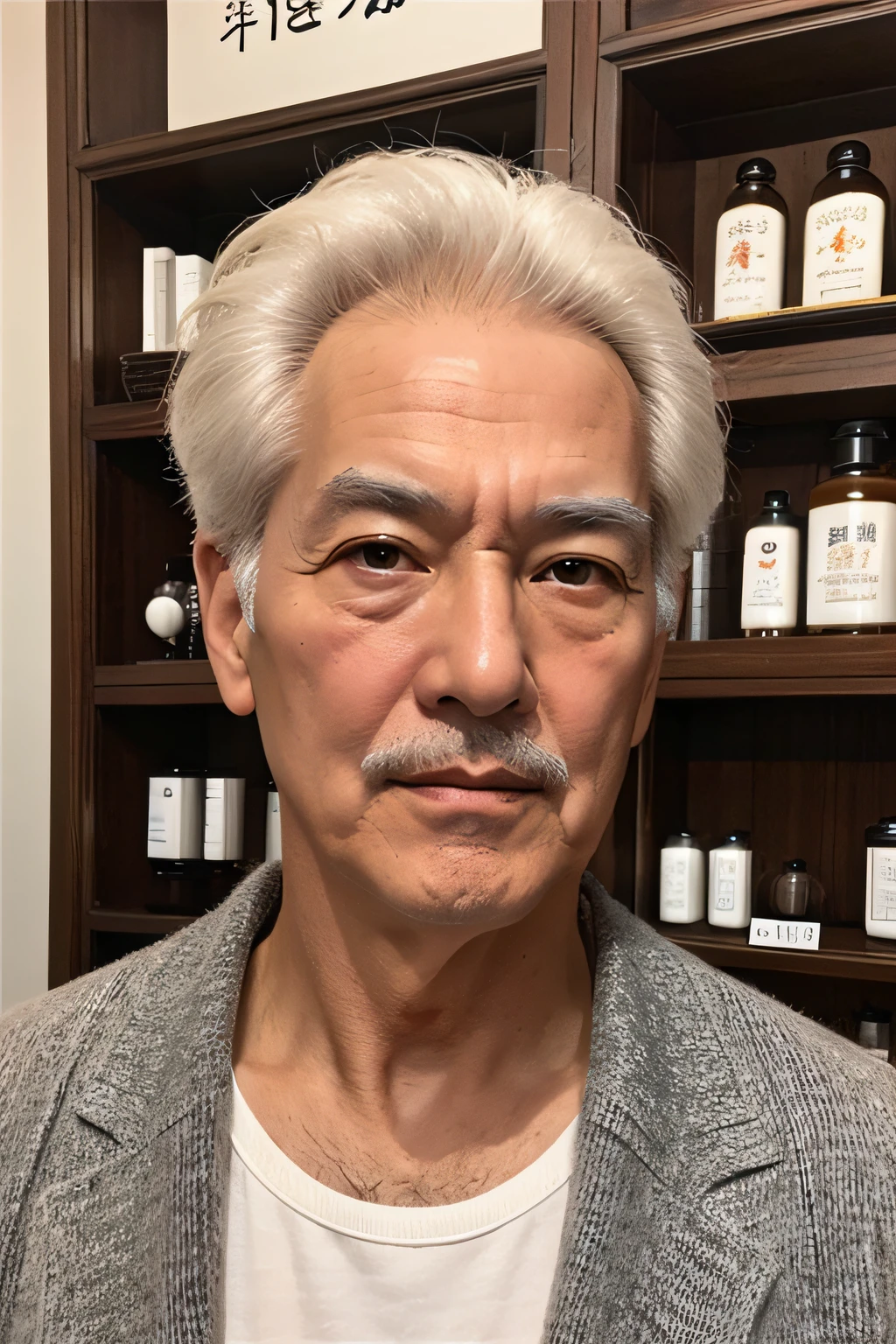 Chinese image，Real frontal photos，Authentic background，Inside a Chinese medicine store，Manteau blanc，Face full of wrinkles，TCM image，Wise eyes，male people