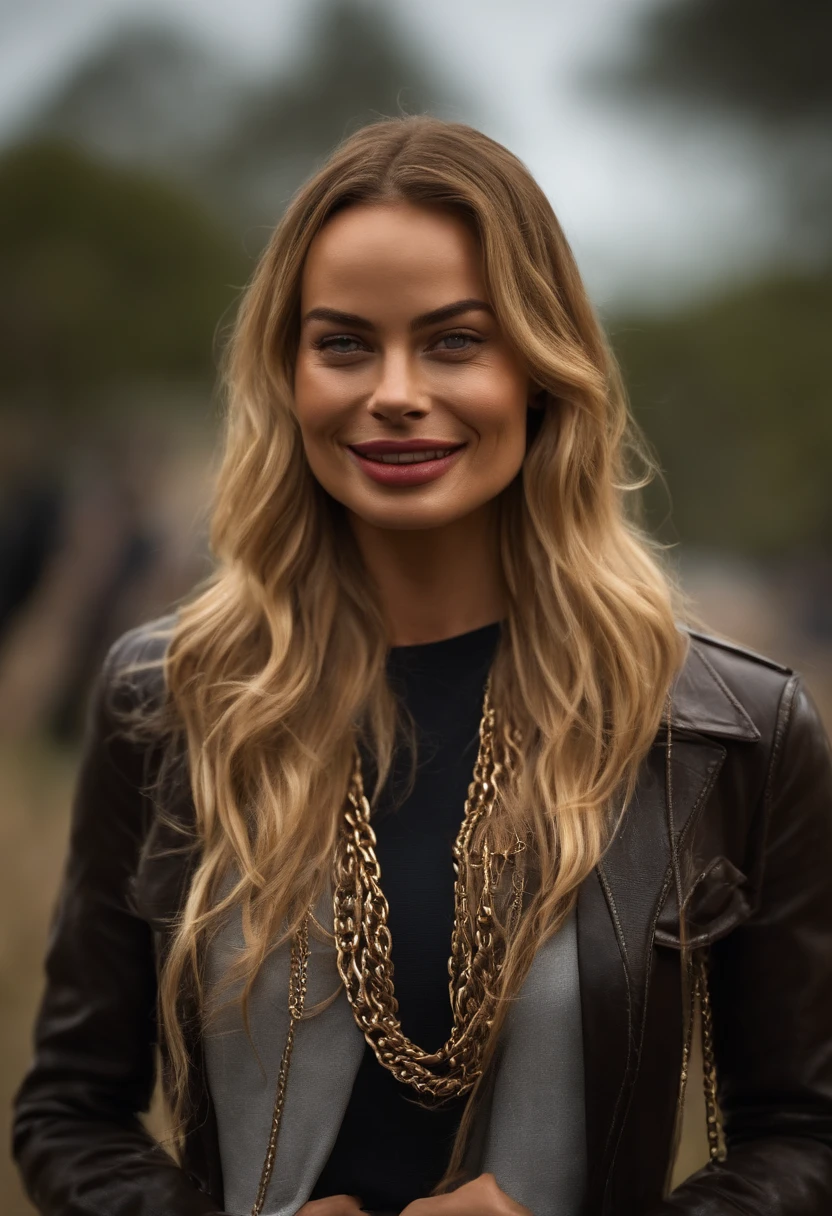 makima avec le visage de Margot Robbie (chainsaw man), Best quality, Ultra detailded, 1fille, seulement, debout, cheveux roux, long braided hair, golden eyes, frange, seins moyens, chemise blanche, attacher, Regarder, sourire, (mauvais: 1.2), Regarder le spectateur, (interview: 1.3), (background dark, chains: 1.3), from above, Contraste, beautiful detailed  eyes, Foyer, closeup shot