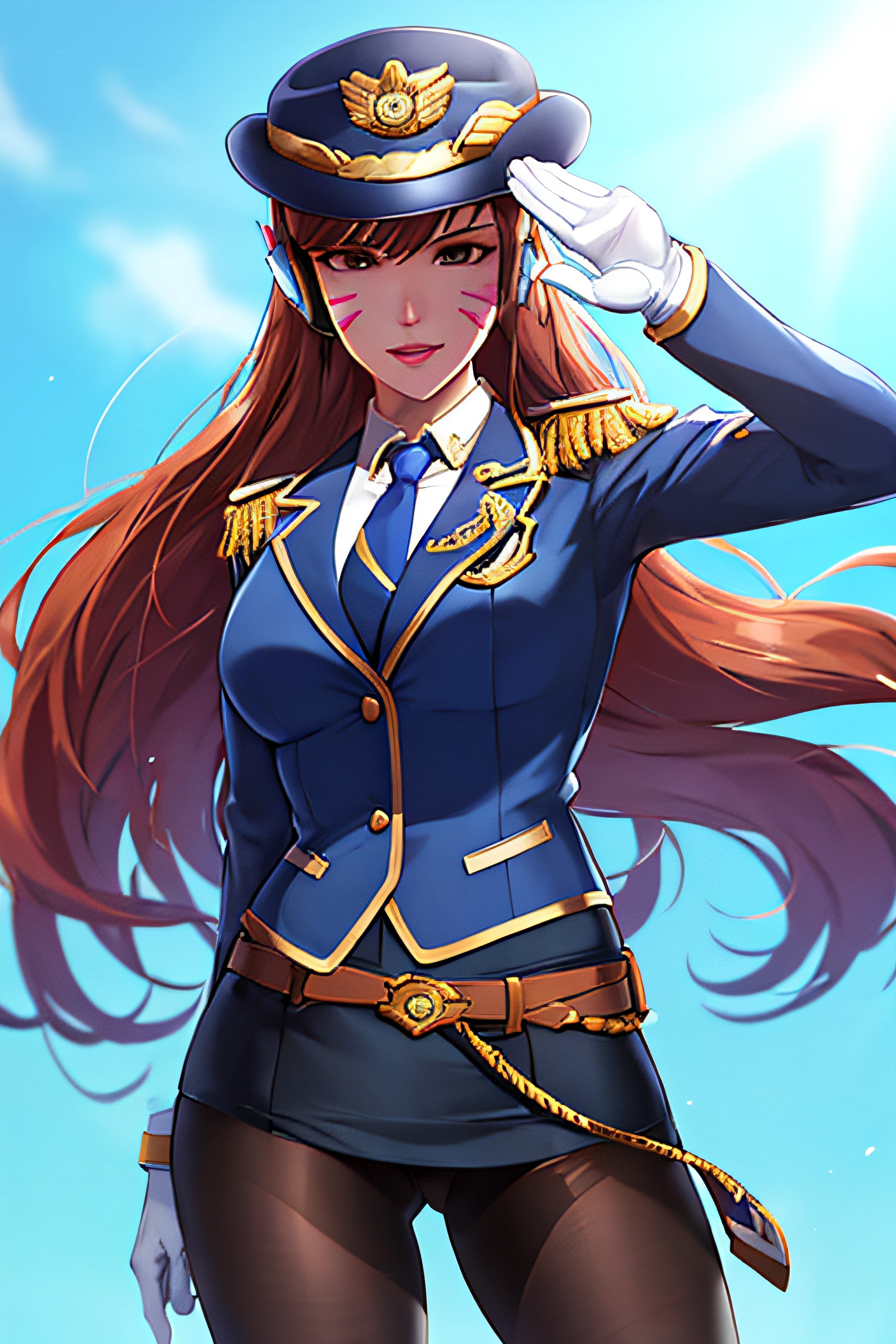portrait, d.va, friendly face expression, long hair, police uniform, skirt suit, formal police uniform, suit and tie, suit jacket, necktie, blazer, bodycon miniskirt, pencil skirt, belt, white gloves, police cap, pantyhose, epaulettes, friendly face expression, looking at viewer, salute, sunlight, best quality, sunlight,best quality
