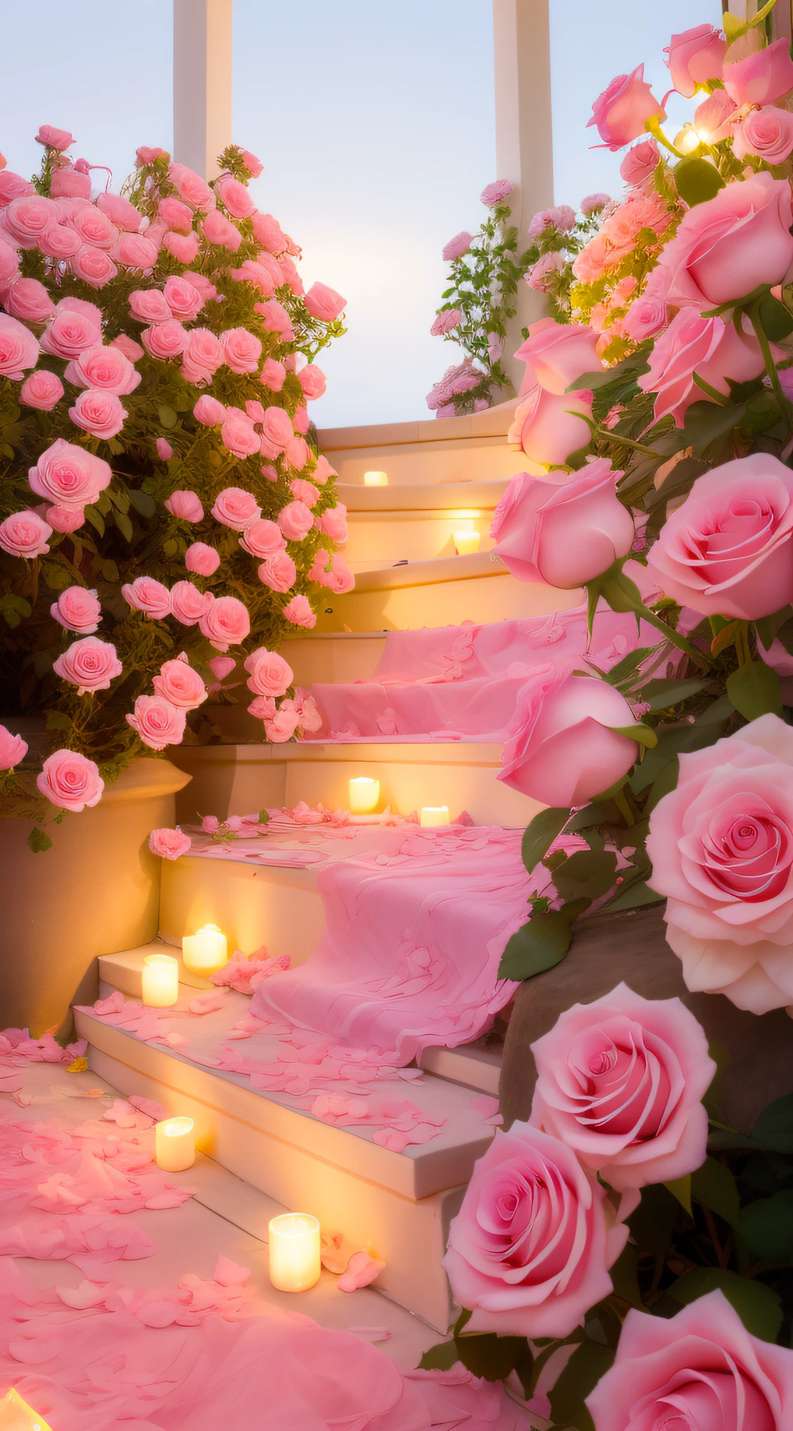 There are many pink roses and candles on the steps, rosses, Beautiful and aesthetic, rose pink lighting, with soft pink colors, portal made of roses, rosette, leading to a beautiful, Magical flowers, Pink flowers, beautiful ambiance, shades of pink, blossoming path to heaven, dreamy and romantic, Beautiful flowers, ❤🔥🍄🌪, Glowing flowers