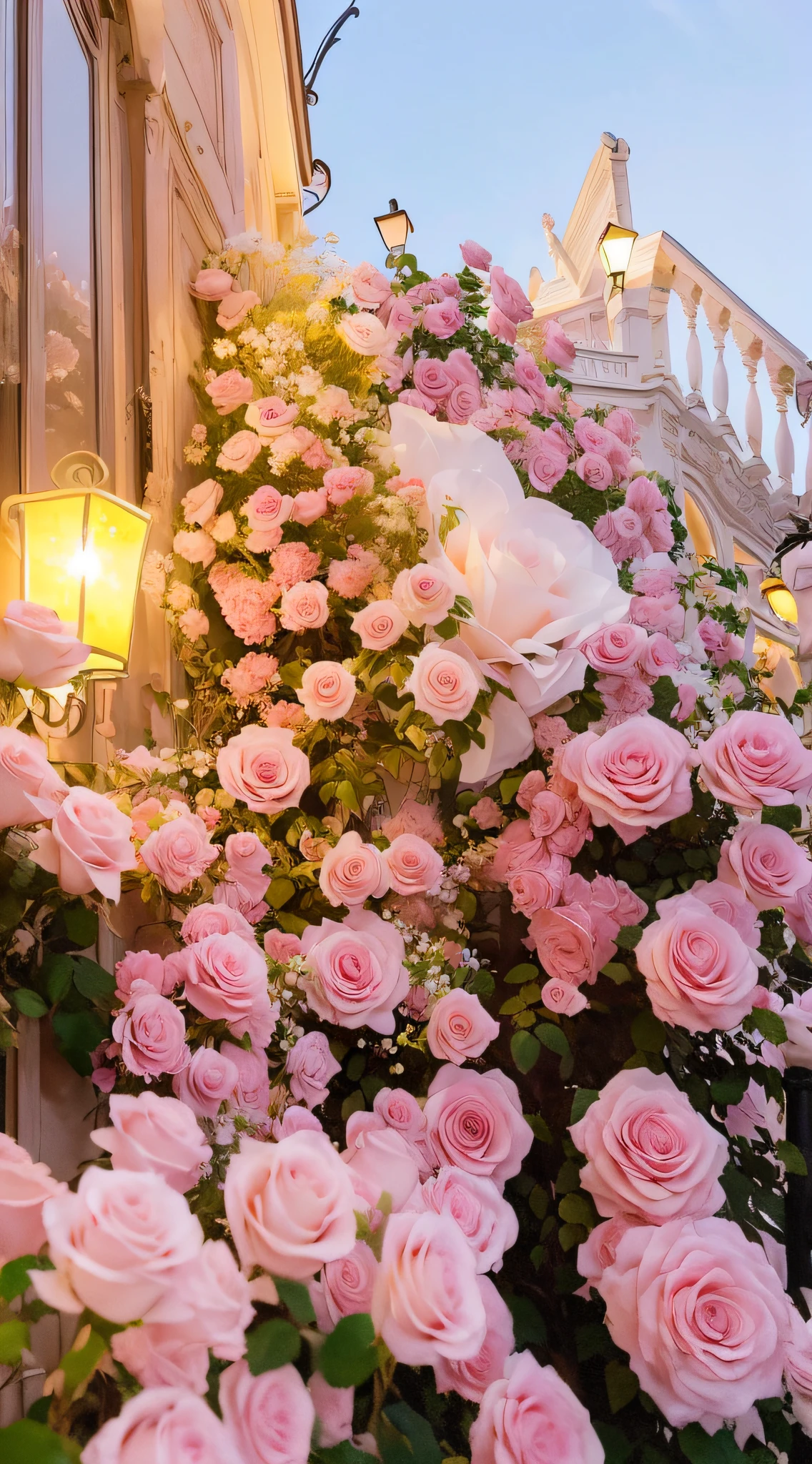Many pink roses grow on one side of the building, with soft pink colors, rose pink lighting, rosses, rosette, Beautiful and aesthetic, romantic motifs, beautiful ambiance, dreamy and romantic, beautiful aesthetic, floral decorations, beautiful ambiance, light pink tonalities, very very beautiful, portal made of roses, Incredibly realistic, Pink flowers
