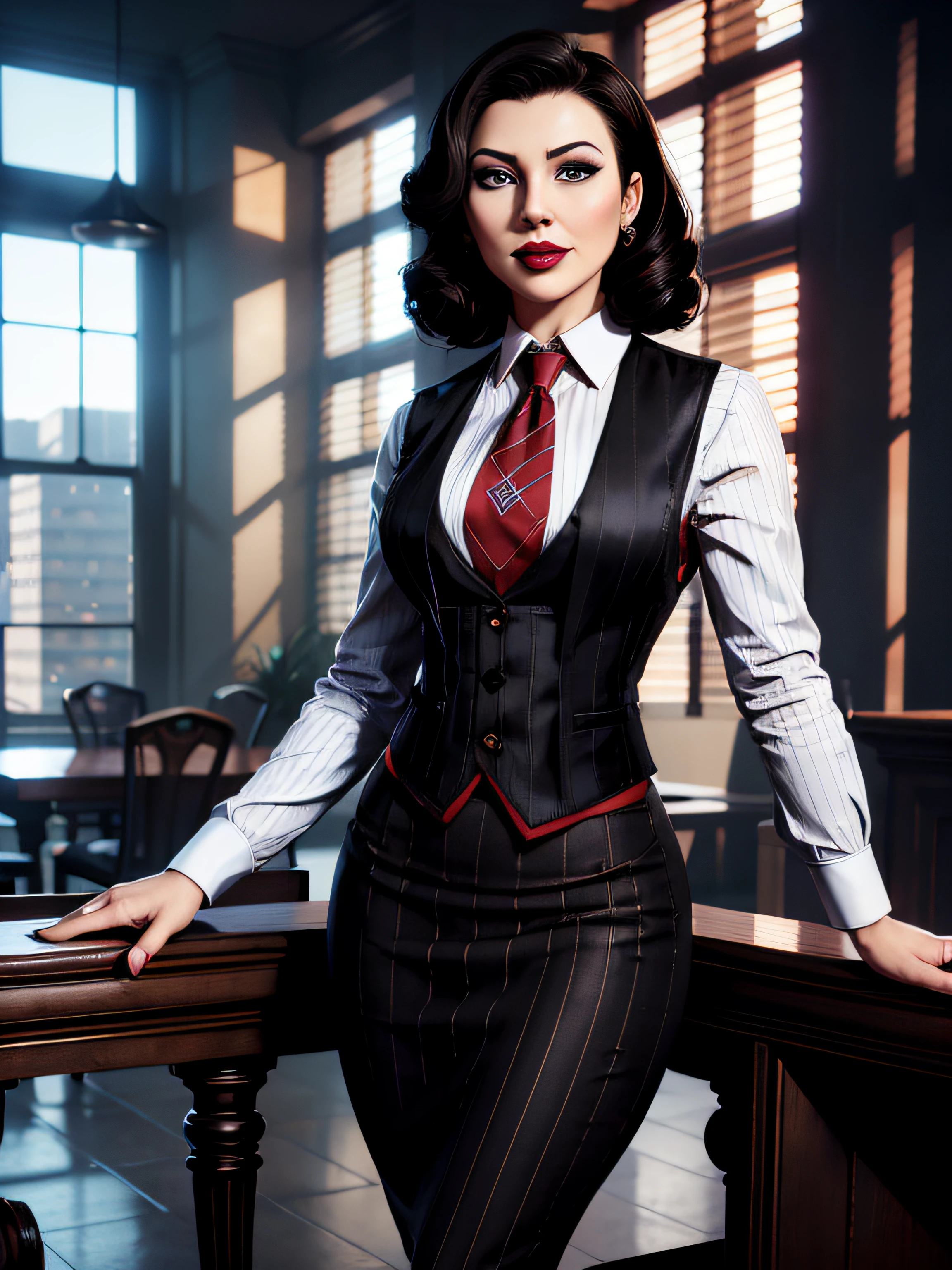 Elizabeth comstock, Portrait, smiling a viewer, (dessous), red lipstick, at detectives office, noire (8k, RAW photo, best quality, masterpiece:1.2),ultra-detailed, (high detailed skin:1.2), 8k uhd, dslr, soft lighting, high quality, 1 girl, cigarette, (((black pinstripe suit))), skirt suit, (((three-piece suit))), (((blazer))), jacket, red necktie, (((waistcoat))), (((bodycon pencil skirt))), tights, pantyhose, textured pantyhose, cross pattern pantyhose,