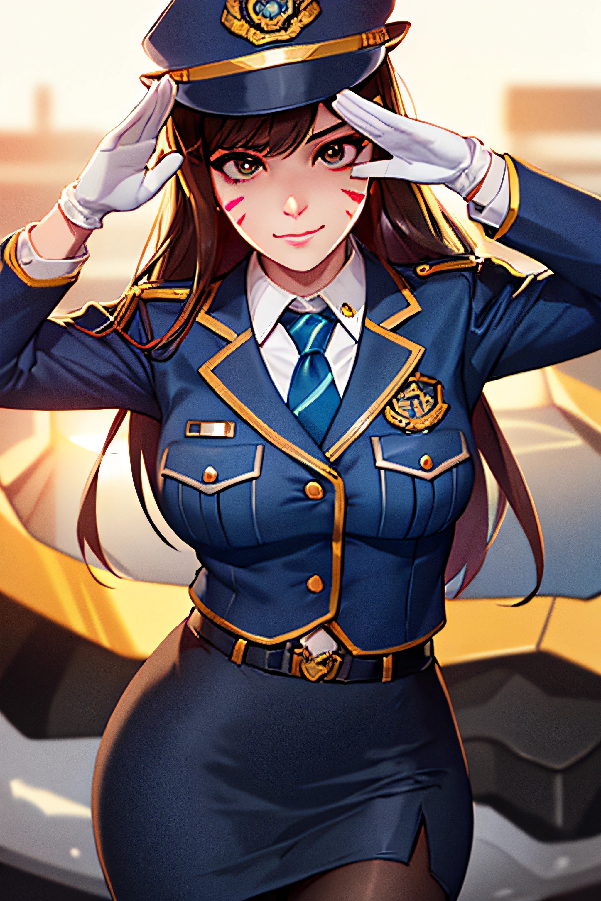 portrait, d.va, friendly face expression, long hair, police uniform, navy skirt suit, formal police uniform, suit and tie, suit jacket, necktie, blue shirt, blazer, bodycon miniskirt, pencil skirt, belt, white gloves, police cap, pantyhose, epaulettes, friendly face expression, looking at viewer, salute, sunlight, best quality, sunlight,best quality