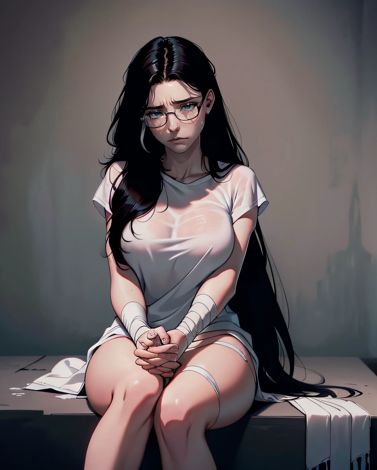 Best quality, volumetric lighting, cool ambient lighting, masterpiece, ultra high res, 4k, (soft round detailed face), (sad expression), depressed, despair, grief, crying, hopeless, (very pale light skin), (bare legs), detailed black hair, ((long messy greasy hair)), (wearing rounded glasses), unwashed, unkempt, tired, disheveled, grey t shirt, (bandaged arm), (both hands touching head)