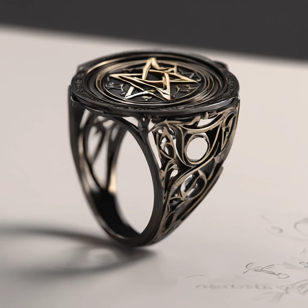 (Ring art design,Pentagram pattern,Simple jewelry design,Art Nouveau,dynamic art,Contemporary art:1.45),(Berlin black iron jewelry in Victorian Gothic style,Hollow plant shape metal carving,Gold products,Handmade,Romantic engagement rings,The center is inlaid with a five-pointed star gold pattern. Add a feminine touch to your designs,The image has a softness, Fantastical Atmosphere,Available for Facebook Ring Ads:1.2),