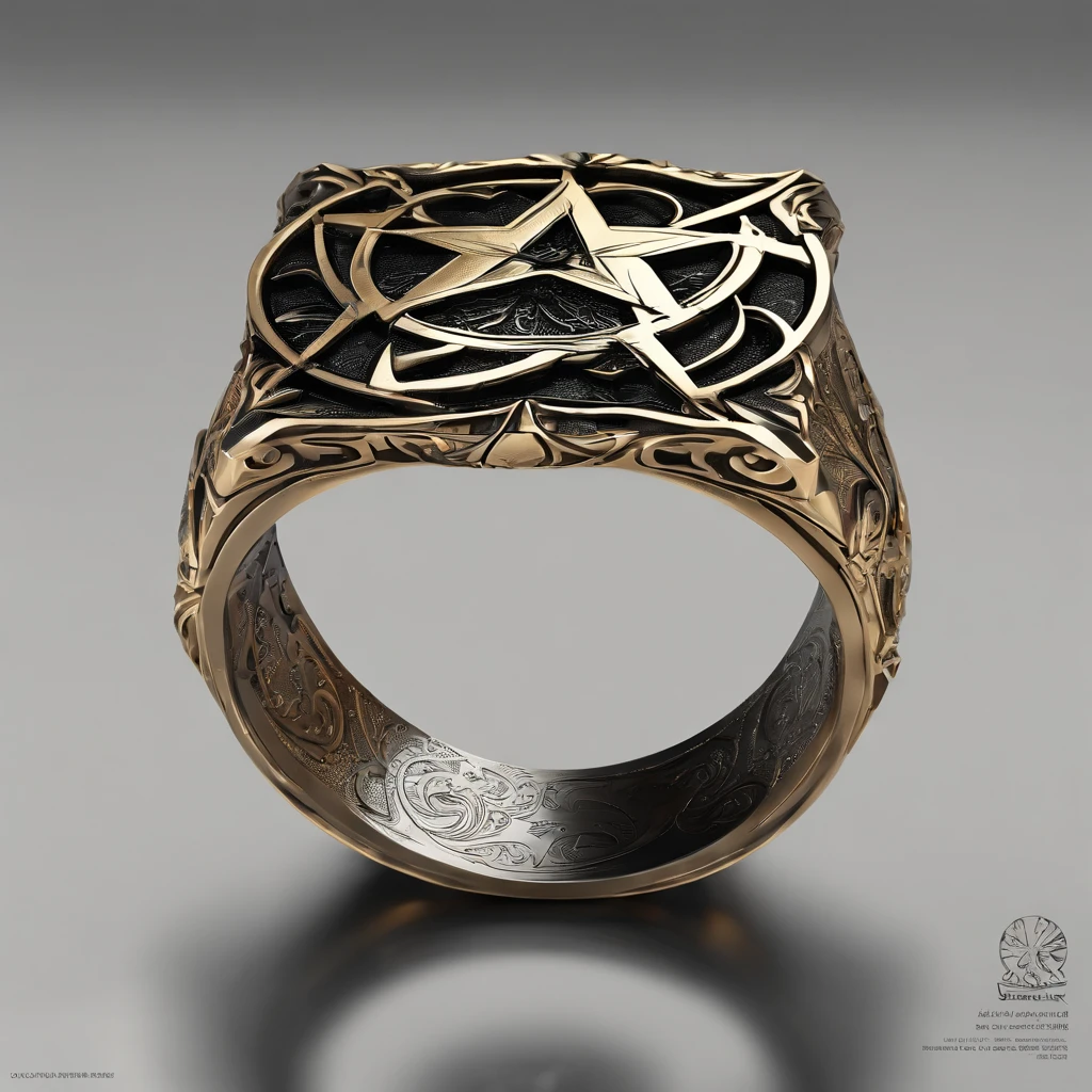 (Ring art design,Pentagram pattern,Simple jewelry design,Art Nouveau,dynamic art,Contemporary art:1.45),(Berlin black iron jewelry in Victorian Gothic style,Hollow plant shape metal carving,Gold products,Handmade,Romantic engagement rings,The center is inlaid with a five-pointed star gold pattern. Add a feminine touch to your designs,The image has a softness, Fantastical Atmosphere,Available for Facebook Ring Ads:1.2),