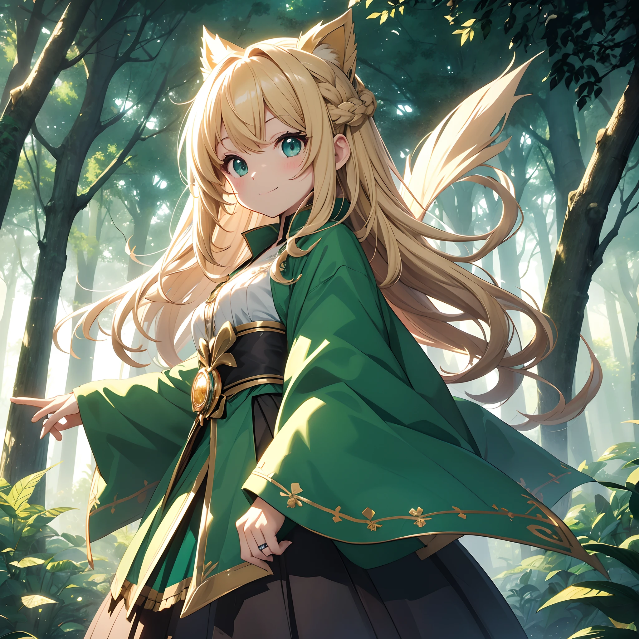 Anime style、Kawaii Girl、Chibikko、nendoroid、Deformed Character、SD Character、Witch Costume、Miko-san、Clothes with fine embroidery、Round light ring、Triangular Light Ring、Square Ring of Light、Pentagonal ring of light、Golden hair、Long hair、sideburns are short、Cut cheeks、Hanikami smile、Round Eye、Eyes color is transparent emerald、colored pencil picture、Ultra-definition depiction of the background、Many trees々Stand in the middle of a deep forest、The area is shrouded in thick fog, however、Only one corner is illuminated by rays of light.、