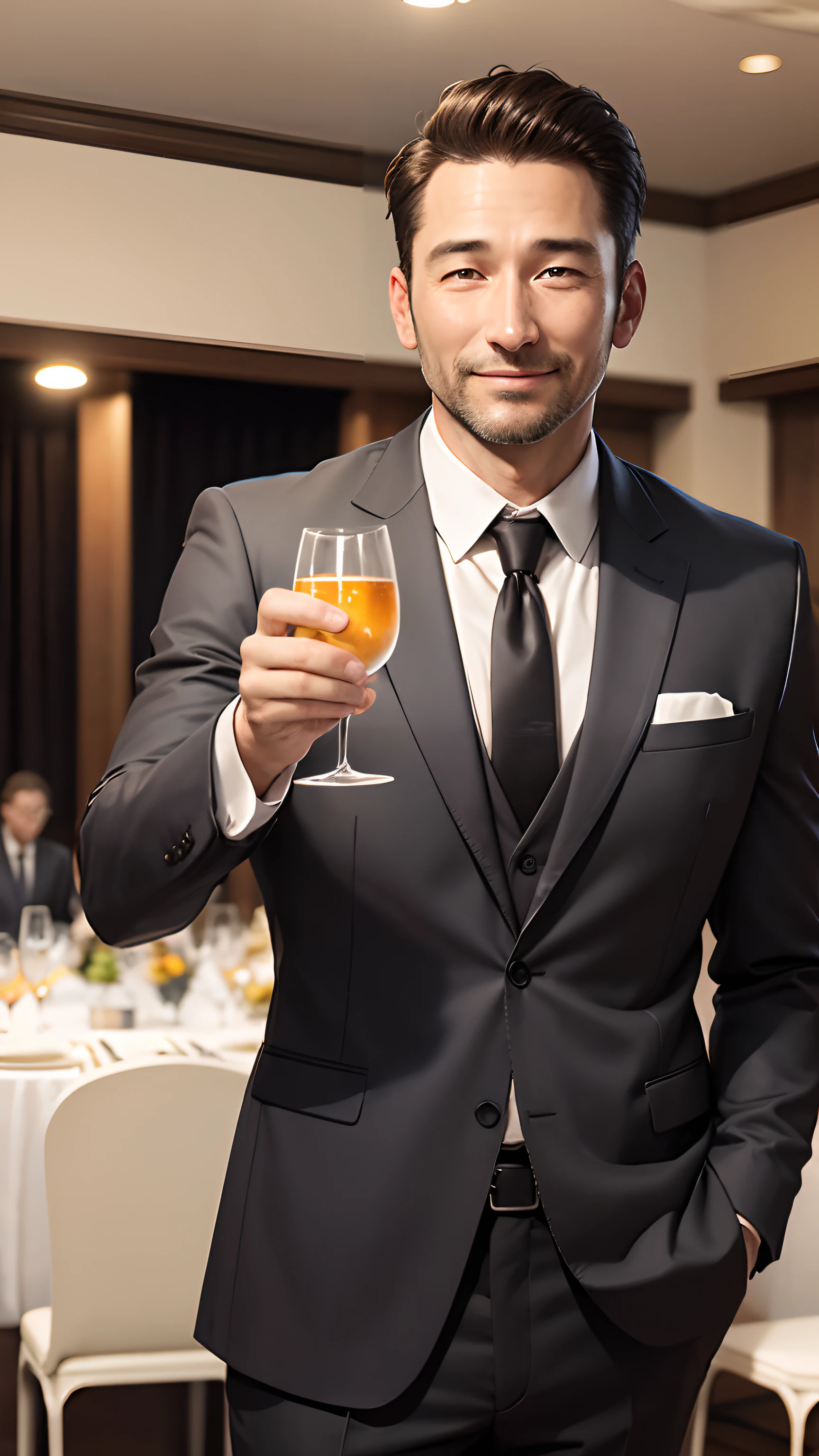 "Setting: In an imposing mansion, a group of tycoon men gather in the living room. They are sitting in luxurious armchairs, smiling and chatting excitedly. Bottles of champagne are arranged around the coffee table as they toast to a special event." --auto