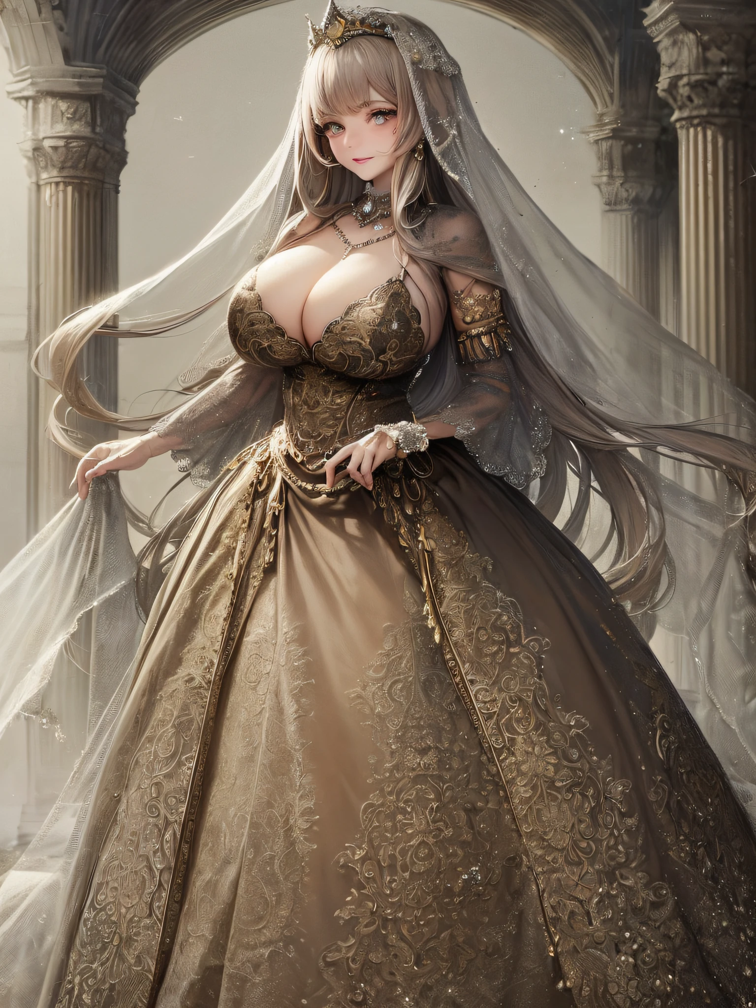 ((anime artstyle)),(Masterpiece),(Best Quality), (Super Detail),(Highly Detailed CG Unity 8k wallpaper),((Very Delicate and Beautiful)),1 lady,((full body portrait)),((standing in garden)),((solo)),(((1 princess in gorgeous embroidery and jeweled extremely gorgeous rococo princess ballgown with voluminous full length hoop skirt))),(((huge crinoline hoopskirt))),long train,((gorgeous embroidery and jeweled)),voluminous frills,See-through,(((extremely gigantic tits,skindentation))),cleavage,((absurdly Long Straight Hair,extremely voluminous Straight long Hair,absurdly Long Straight Hair)),(finely detailed face and eyes),((seductive smile,embarrassed)),clear pupil,extremely gorgeousfull hair ornament,(bling-bling jeweled extremely gorgeousfull tiara),((bling-bling gorgeous gemstone jewelry)),gorgeous long veil,((ultra long gloves)),(beautiful background),(full body),((gorgeous embroidery and jeweled extremely gorgeous rococo princess ballgown with voluminous full length hoop skirt))